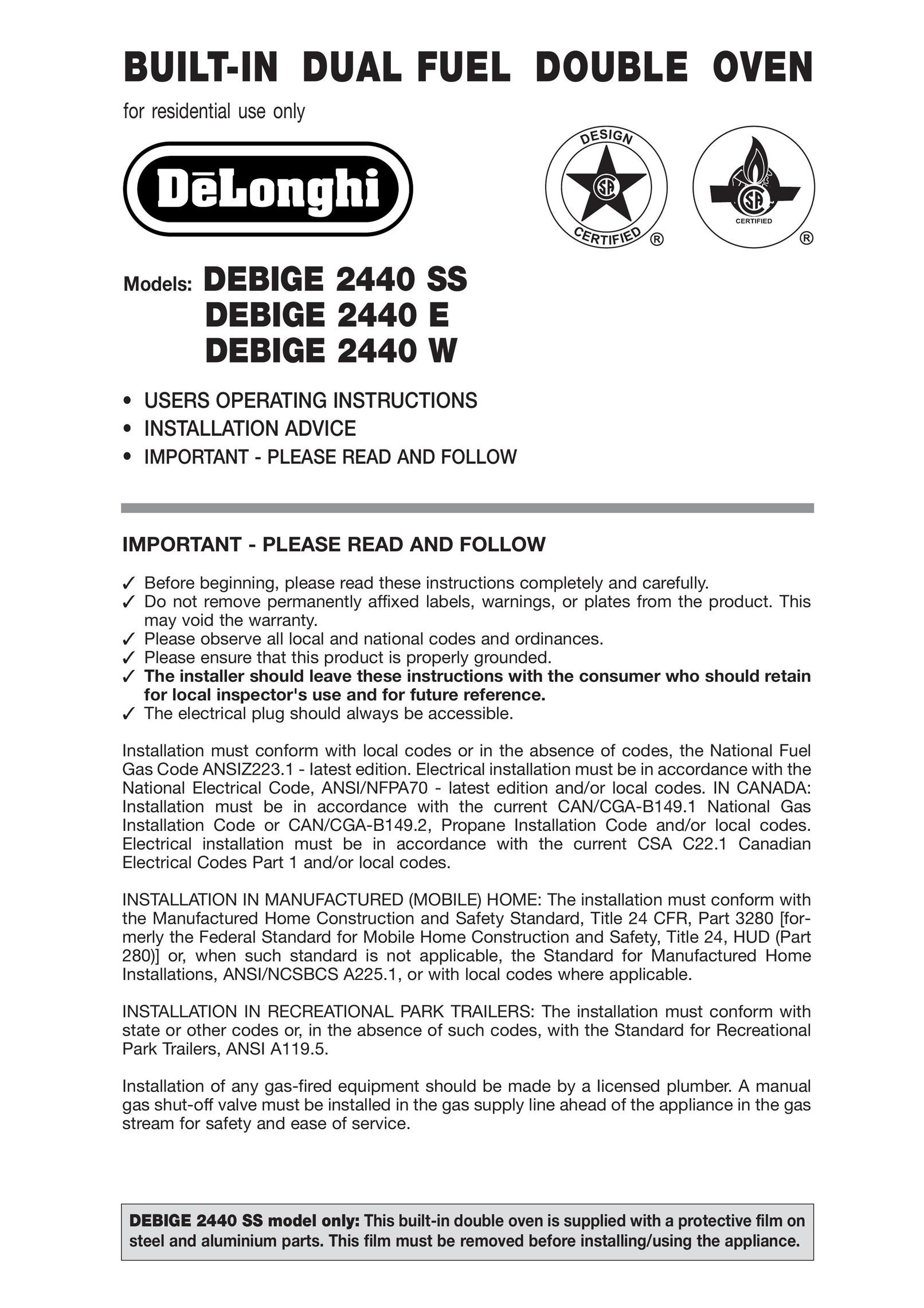 DeLonghi DEBIGE 2440 SS Double Oven User Manual