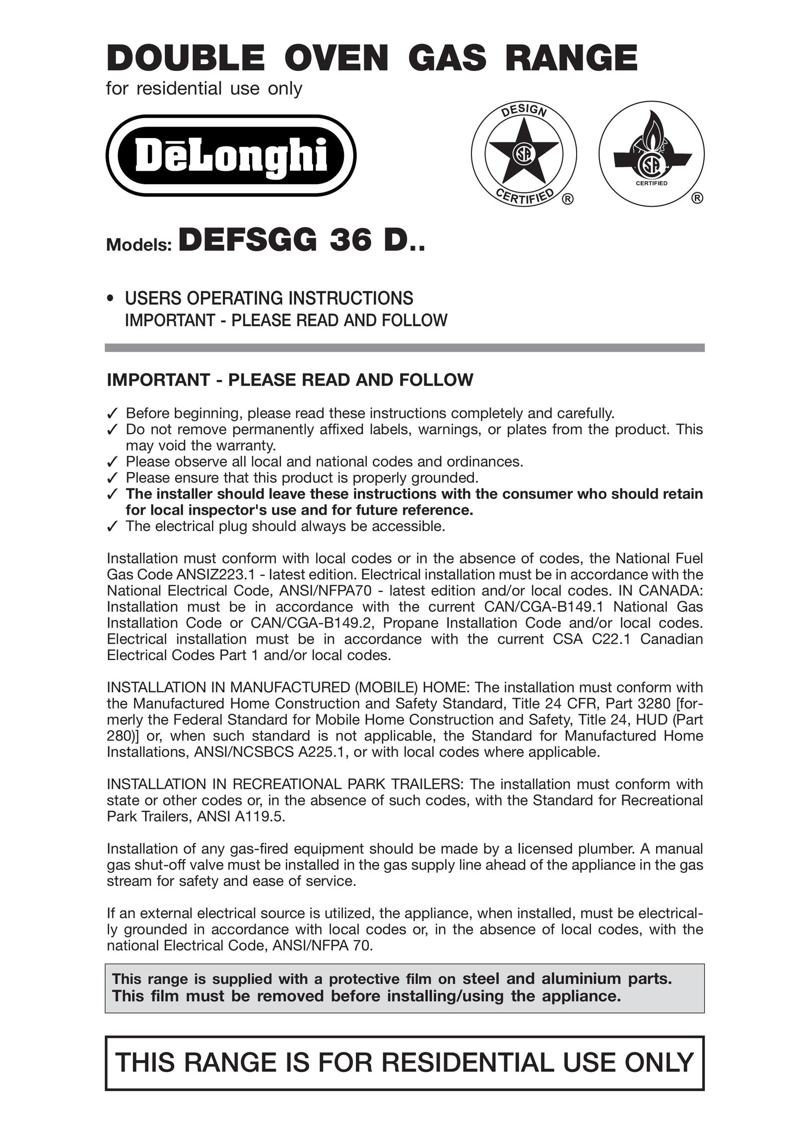 DeLonghi DESFGG36 Double Oven User Manual