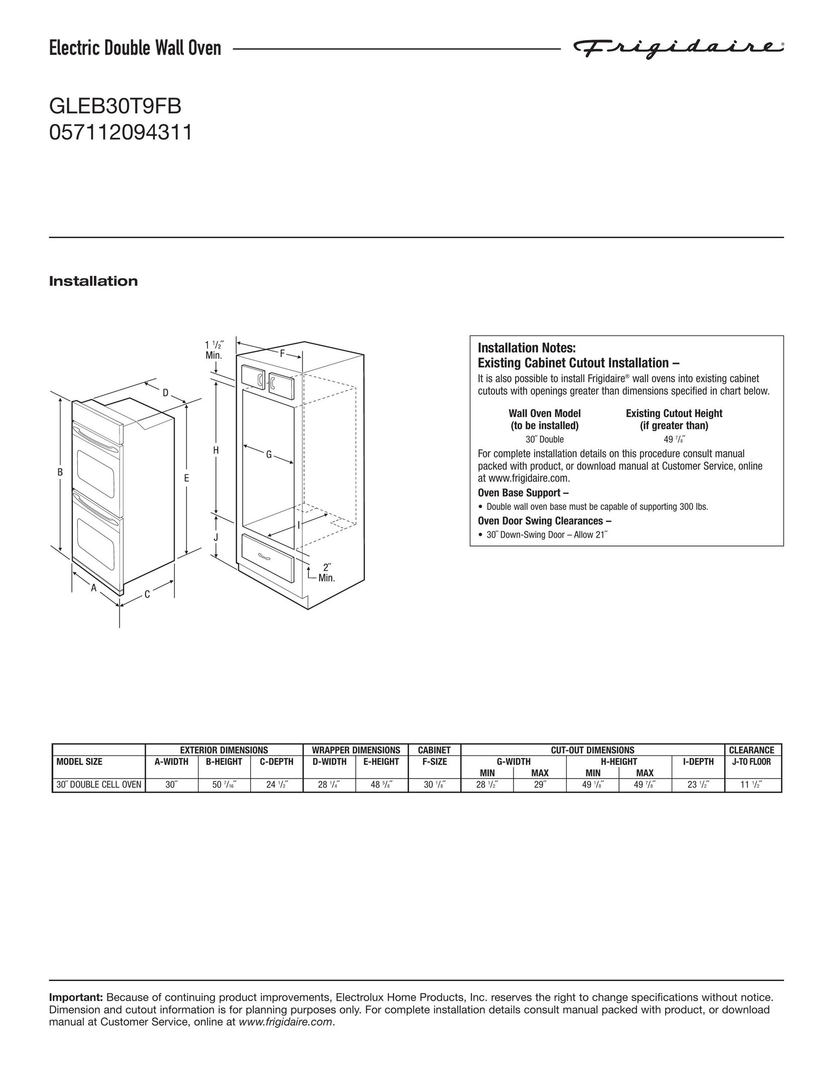 Frigidaire GLEB30T9FB Double Oven User Manual