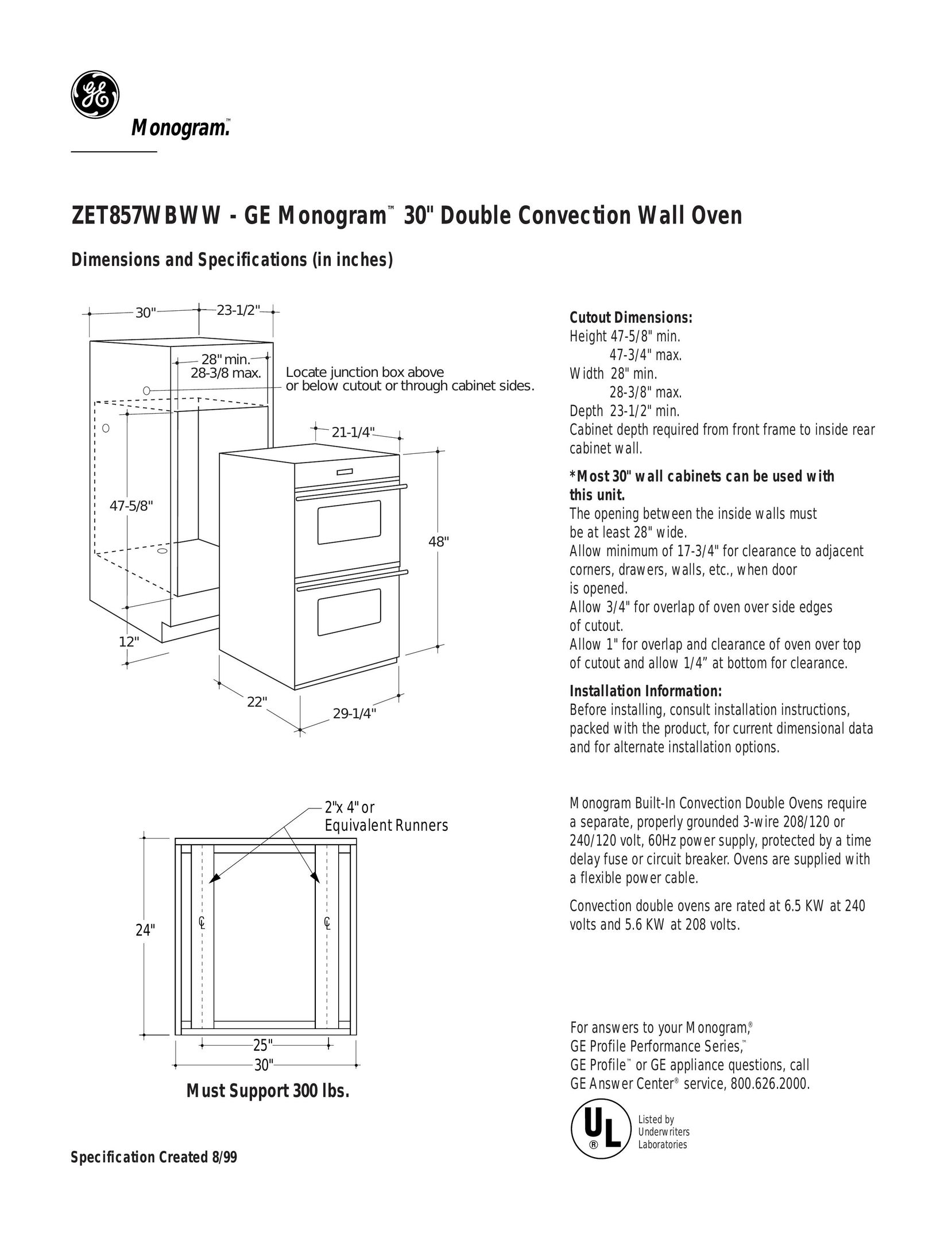 GE Monogram ZET857WBWW Double Oven User Manual