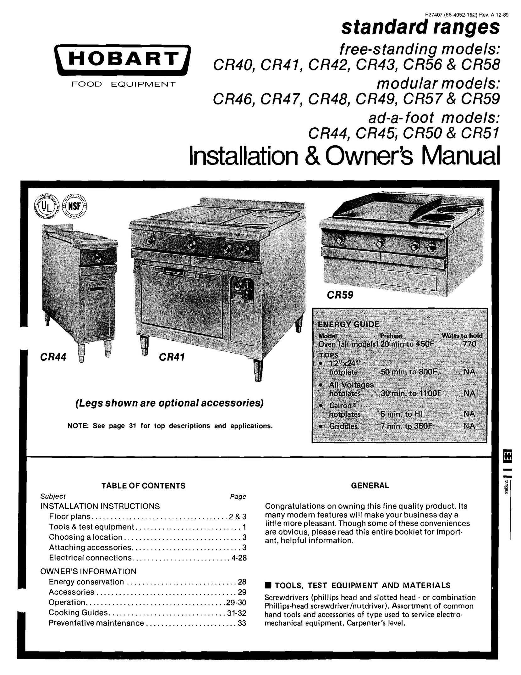 Hobart CR-57 & CR-59 Double Oven User Manual