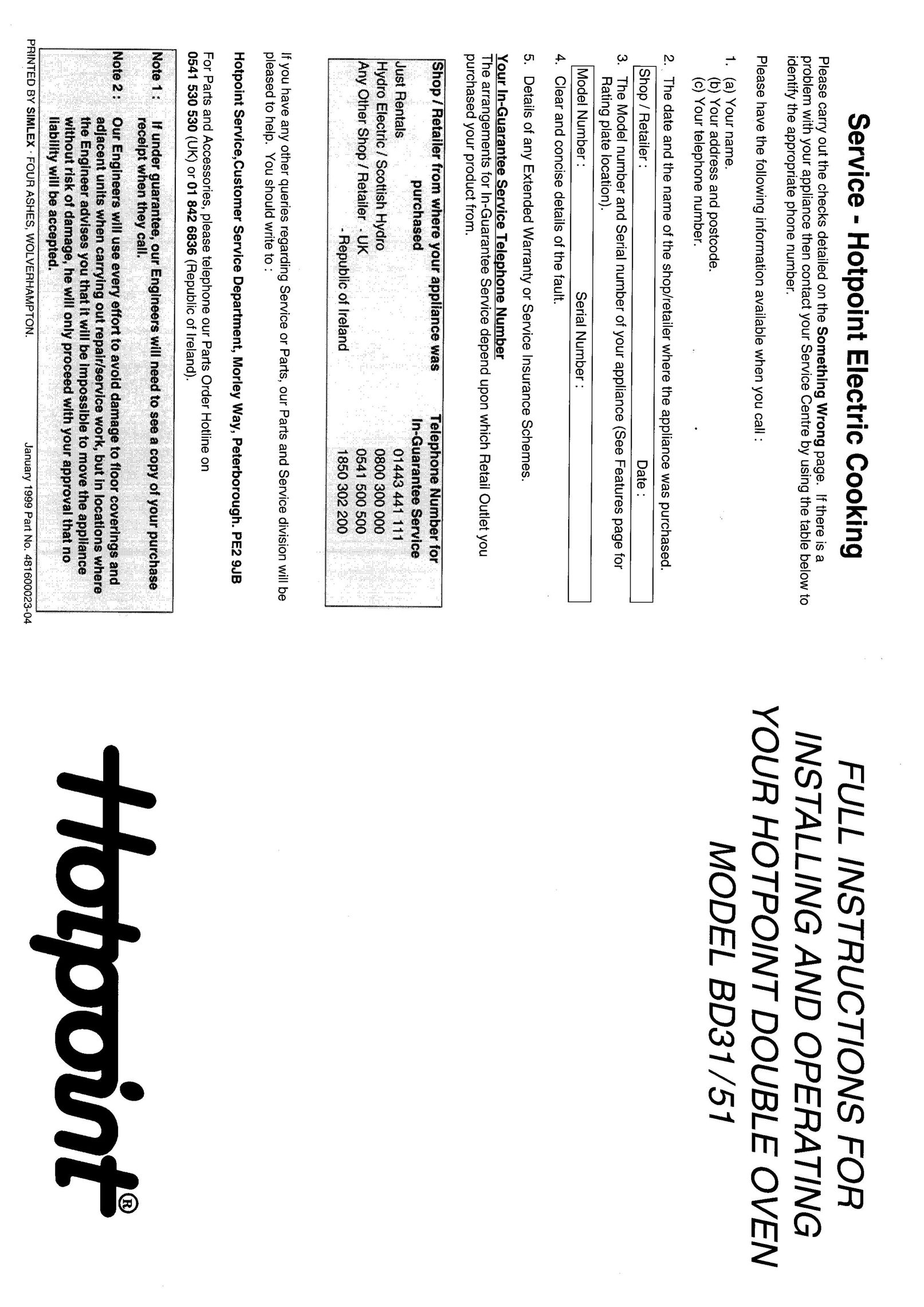 Hotpoint BD31 Double Oven User Manual