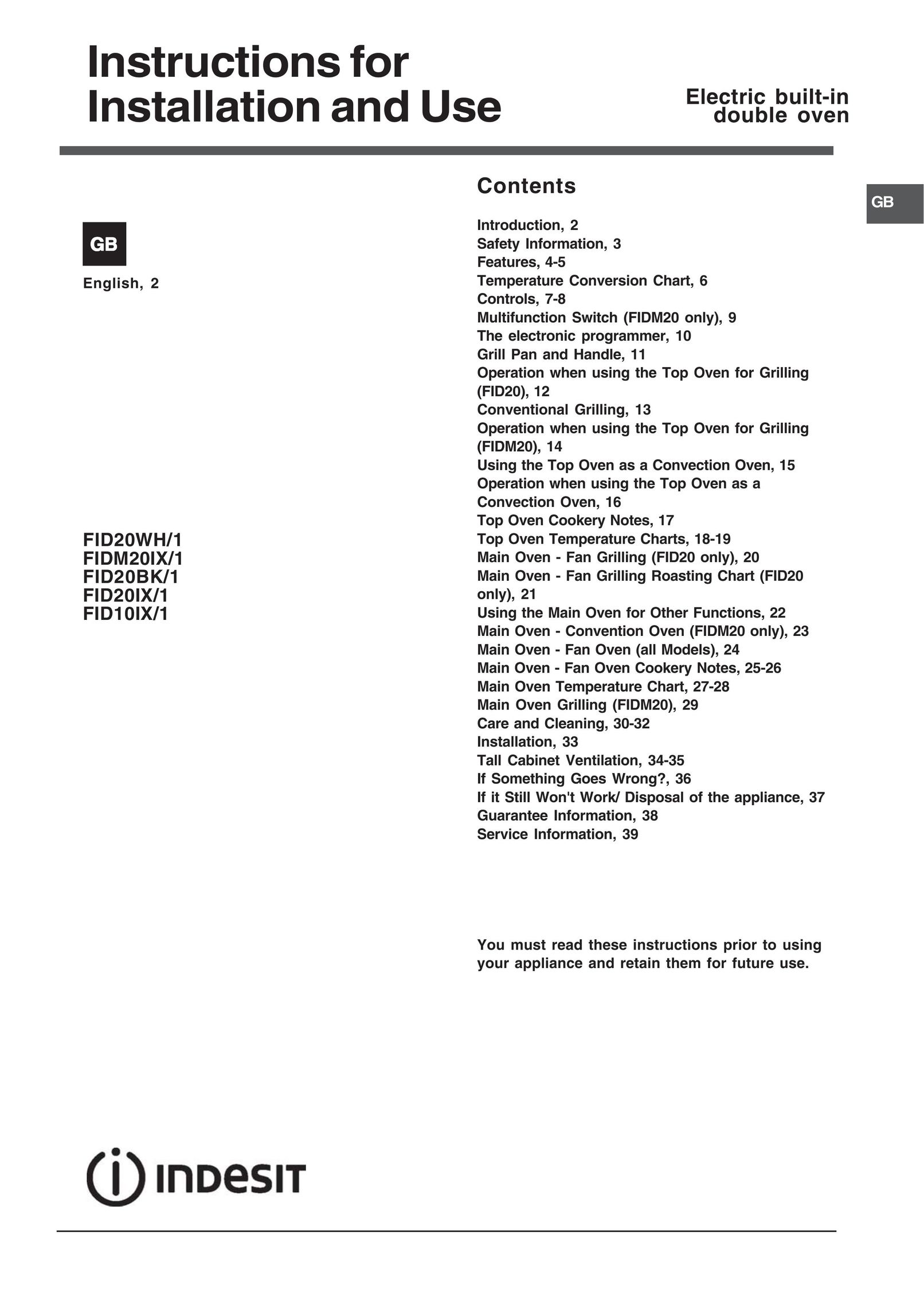 Indesit FID20IX/1 Double Oven User Manual