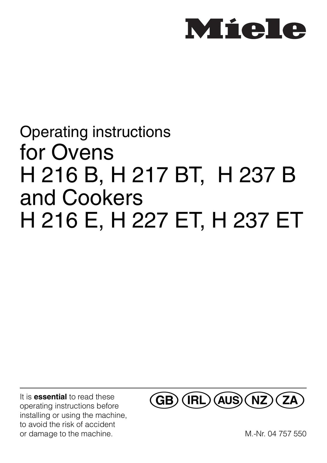 Miele H 237 B Double Oven User Manual