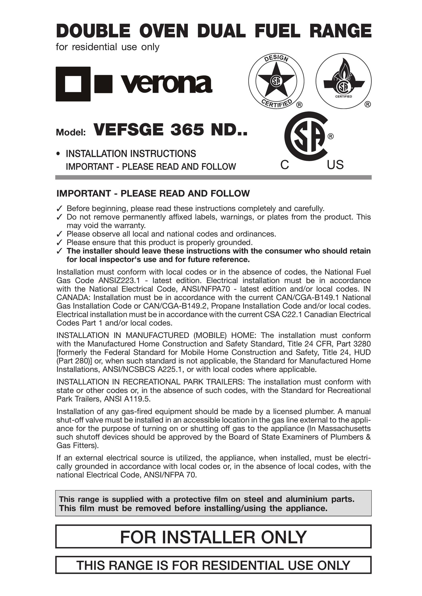 Verona VEFSGE 365 ND Double Oven User Manual