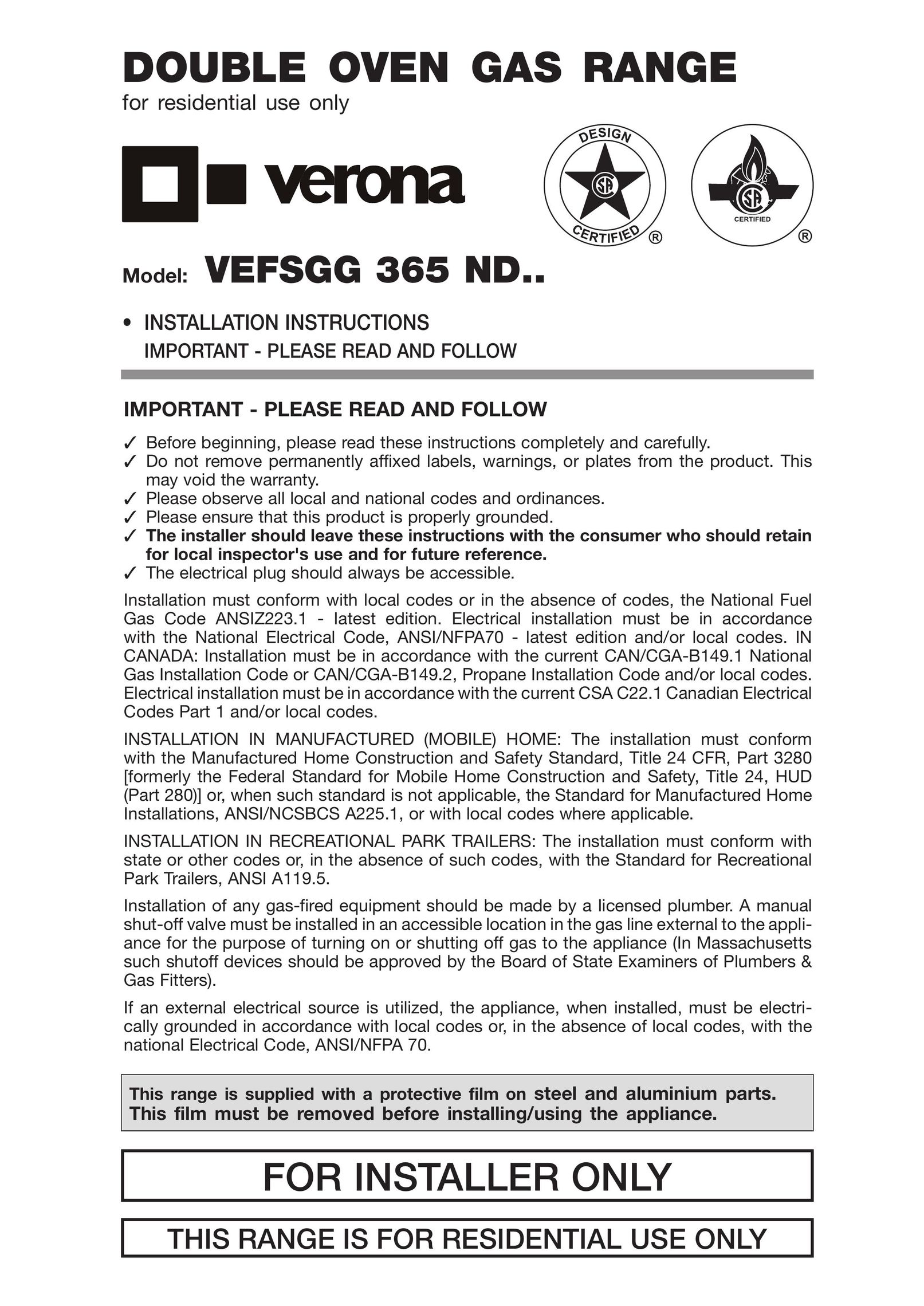 Verona VEFSGG 365 ND Double Oven User Manual