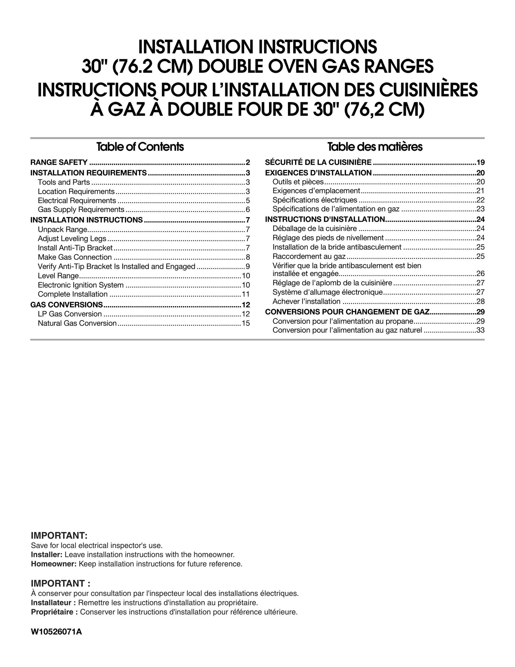 Whirlpool W10526071A Double Oven User Manual