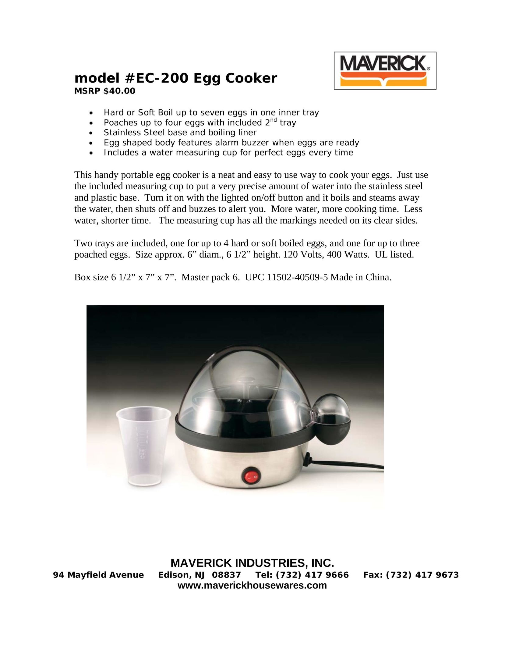 Maverick Ventures EC-200 Egg Cooker User Manual