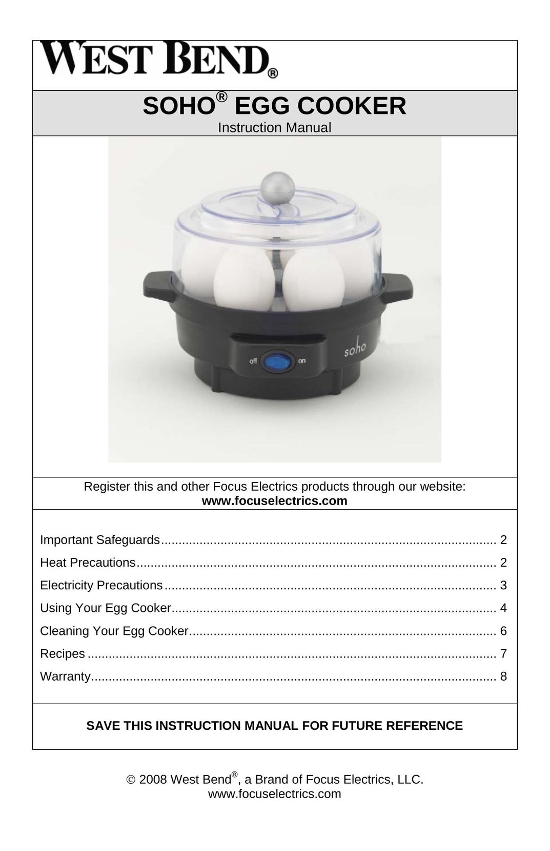 West Bend 86675 Egg Cooker User Manual