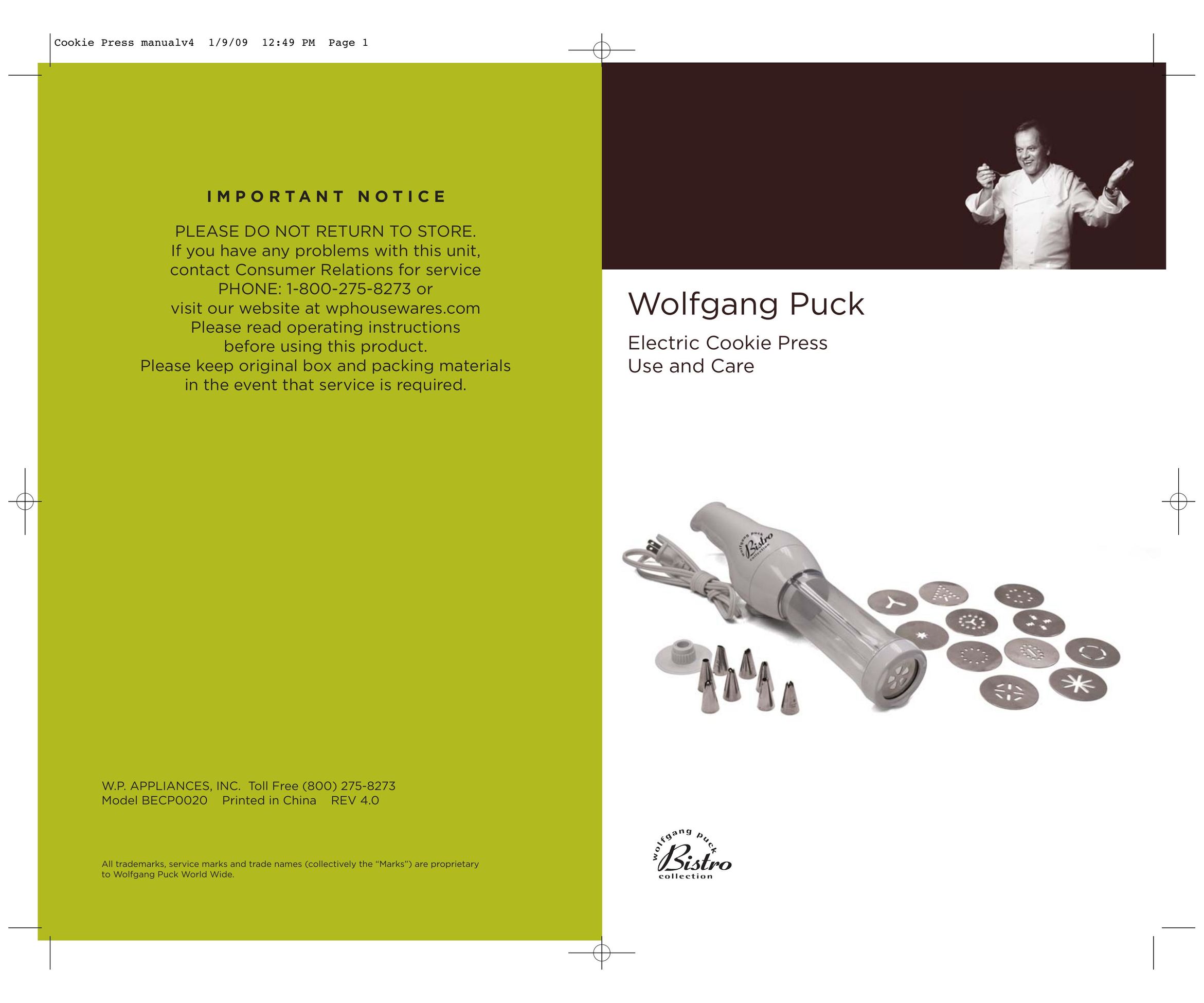 Wolfgang Puck BECP0020 Electric Cookie Press User Manual