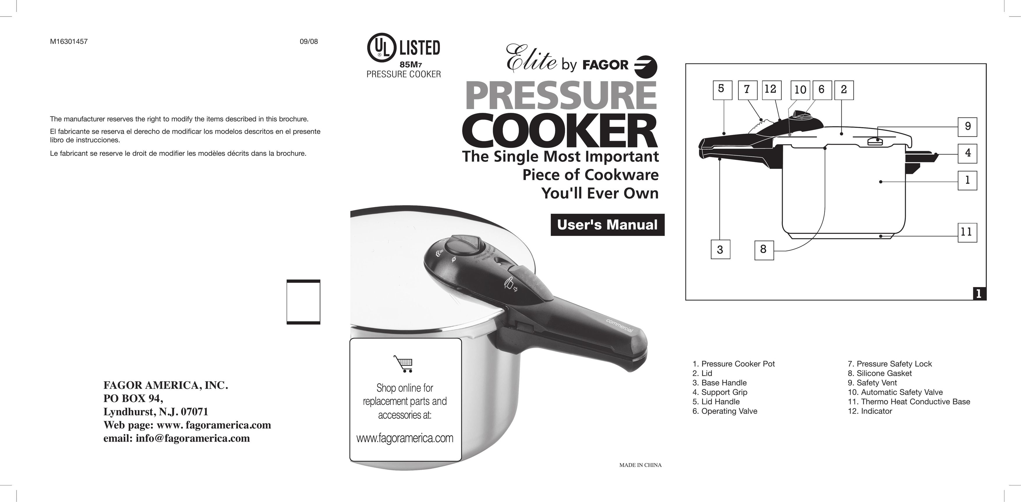 Fagor America 85M7 Electric Pressure Cooker User Manual