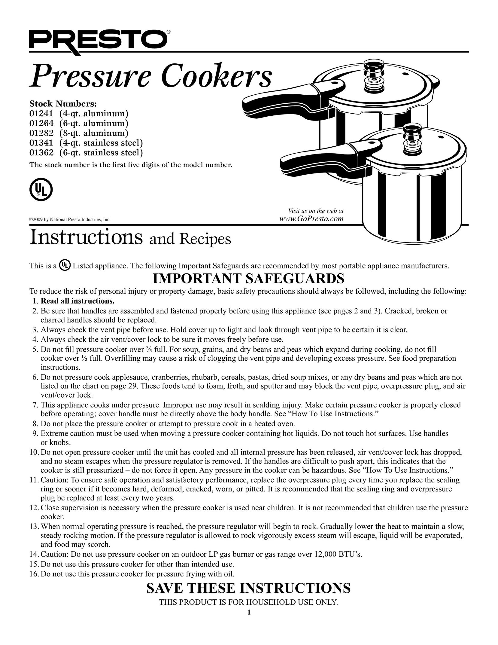 Presto 1282 Electric Pressure Cooker User Manual