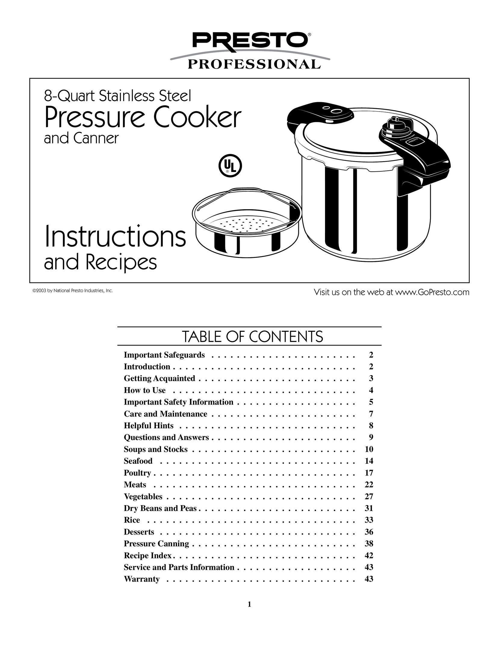 Presto 8-Quart Stainless Steel Pressure Cooker Electric Pressure Cooker User Manual