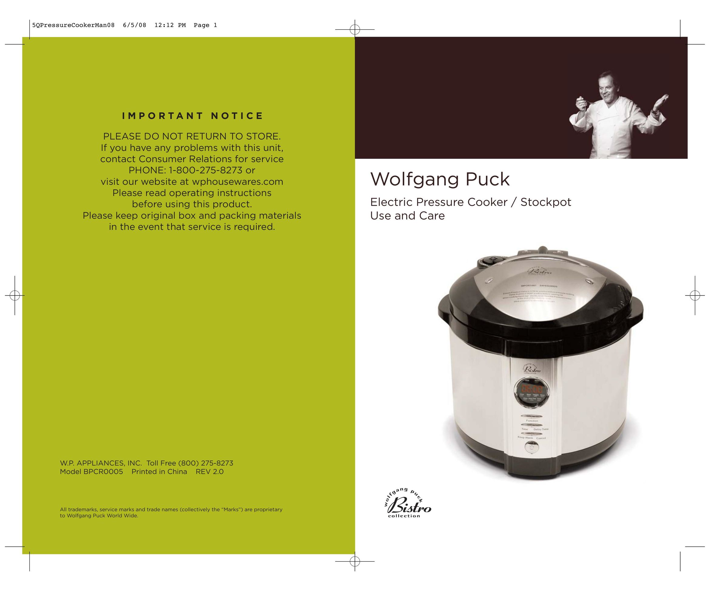 Wolfgang Puck BPCR0005 Electric Pressure Cooker User Manual