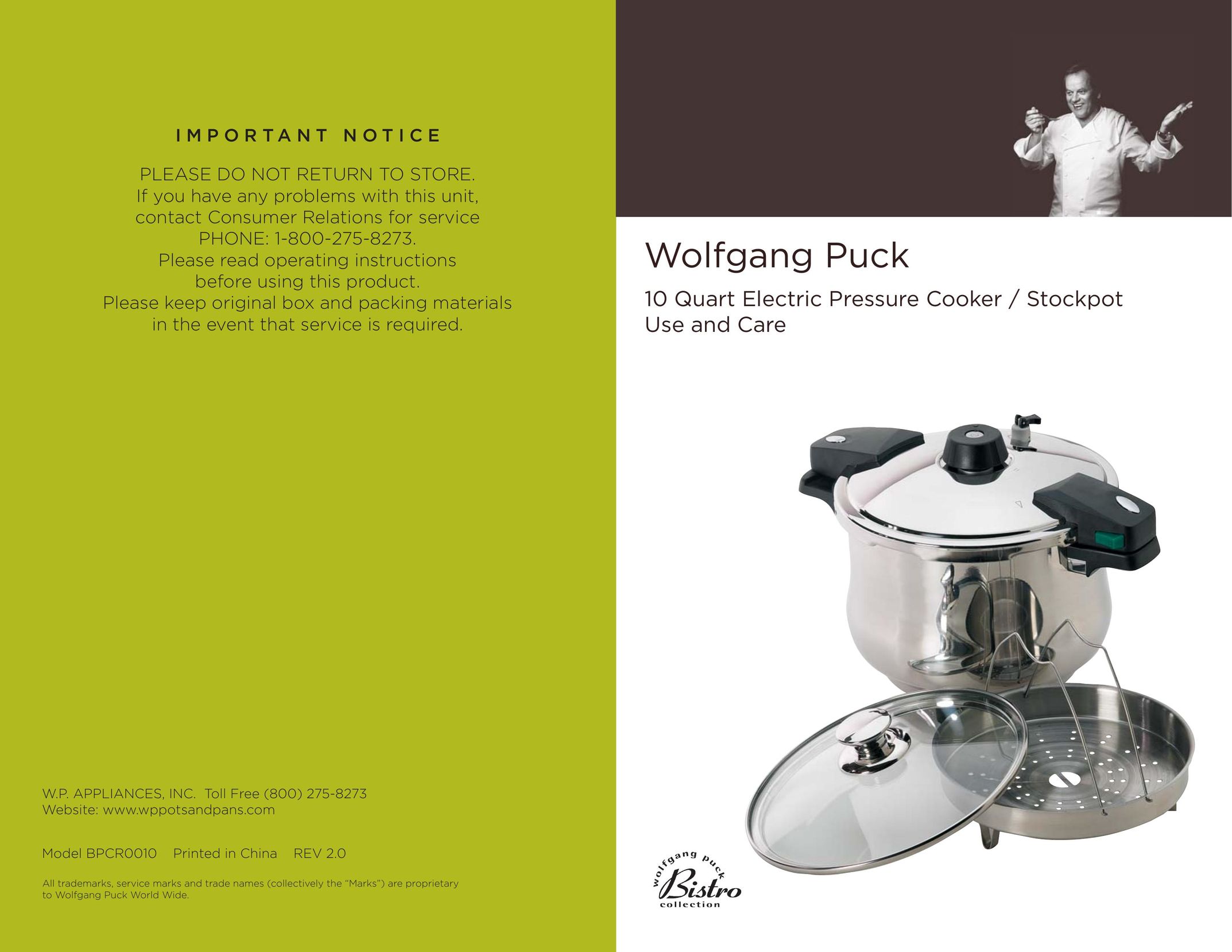 Wolfgang Puck BPCR0010 Electric Pressure Cooker User Manual