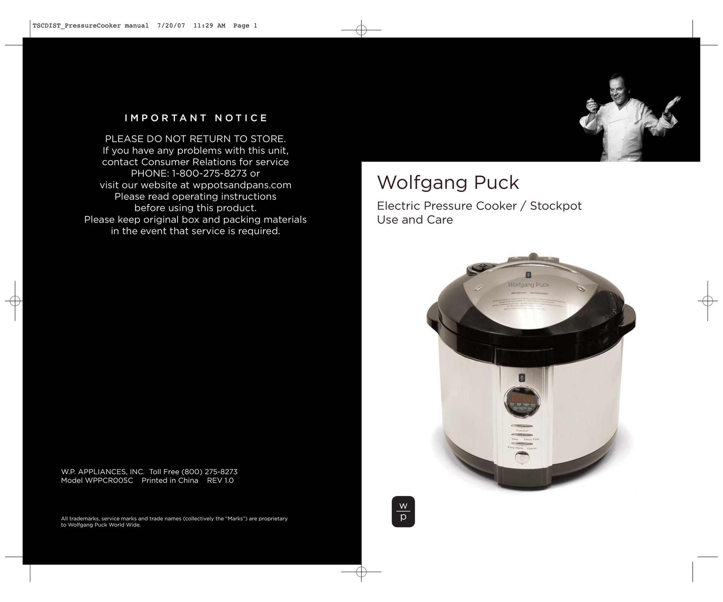 Wolfgang Puck WPPCR005C Electric Pressure Cooker User Manual