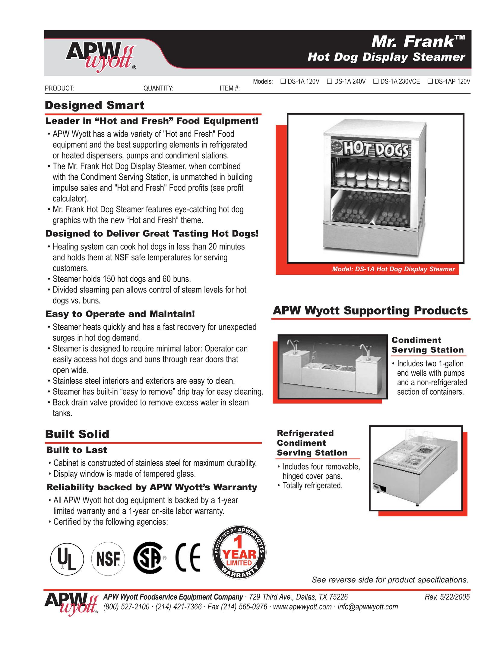 APW Wyott DS1A Electric Steamer User Manual