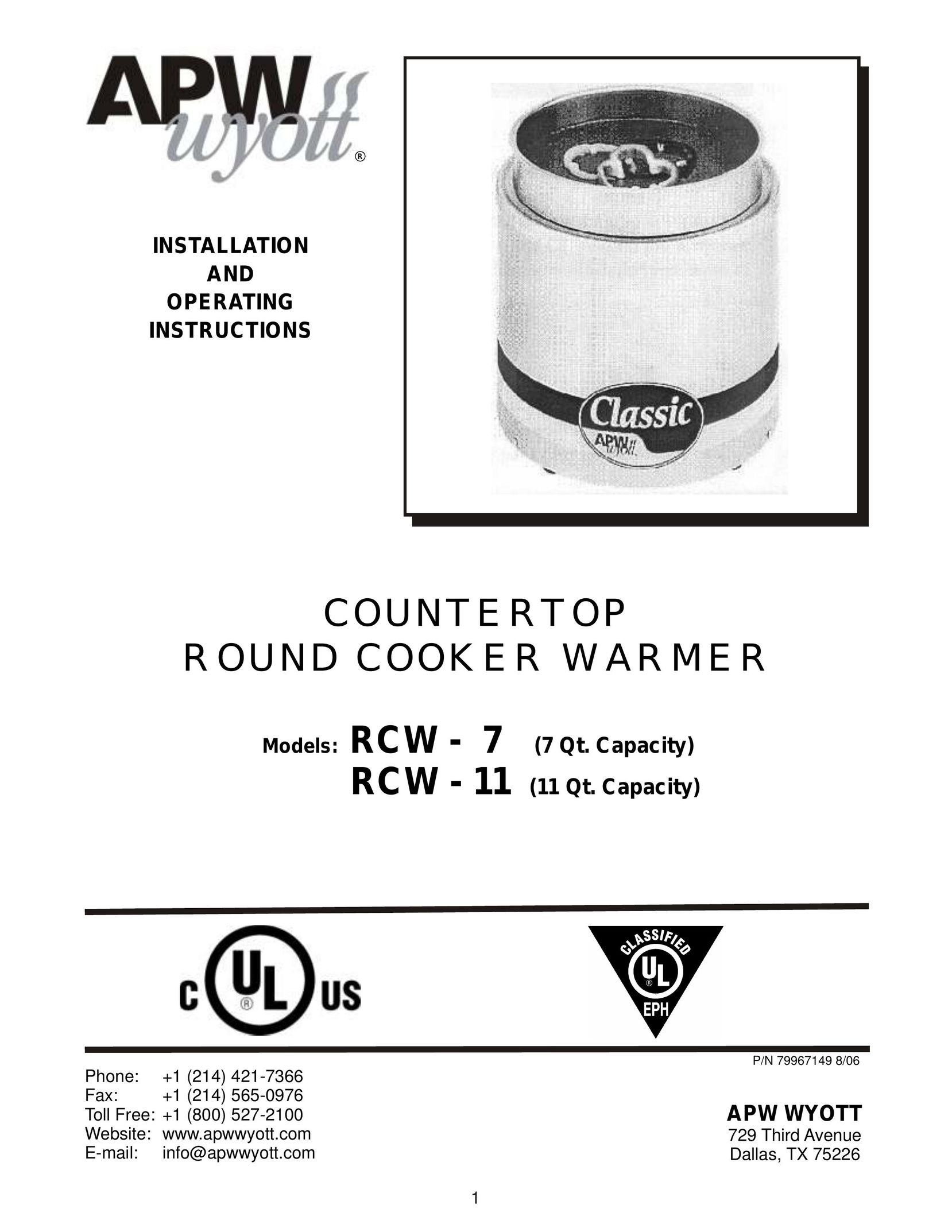APW Wyott RCW - 11 Electric Steamer User Manual