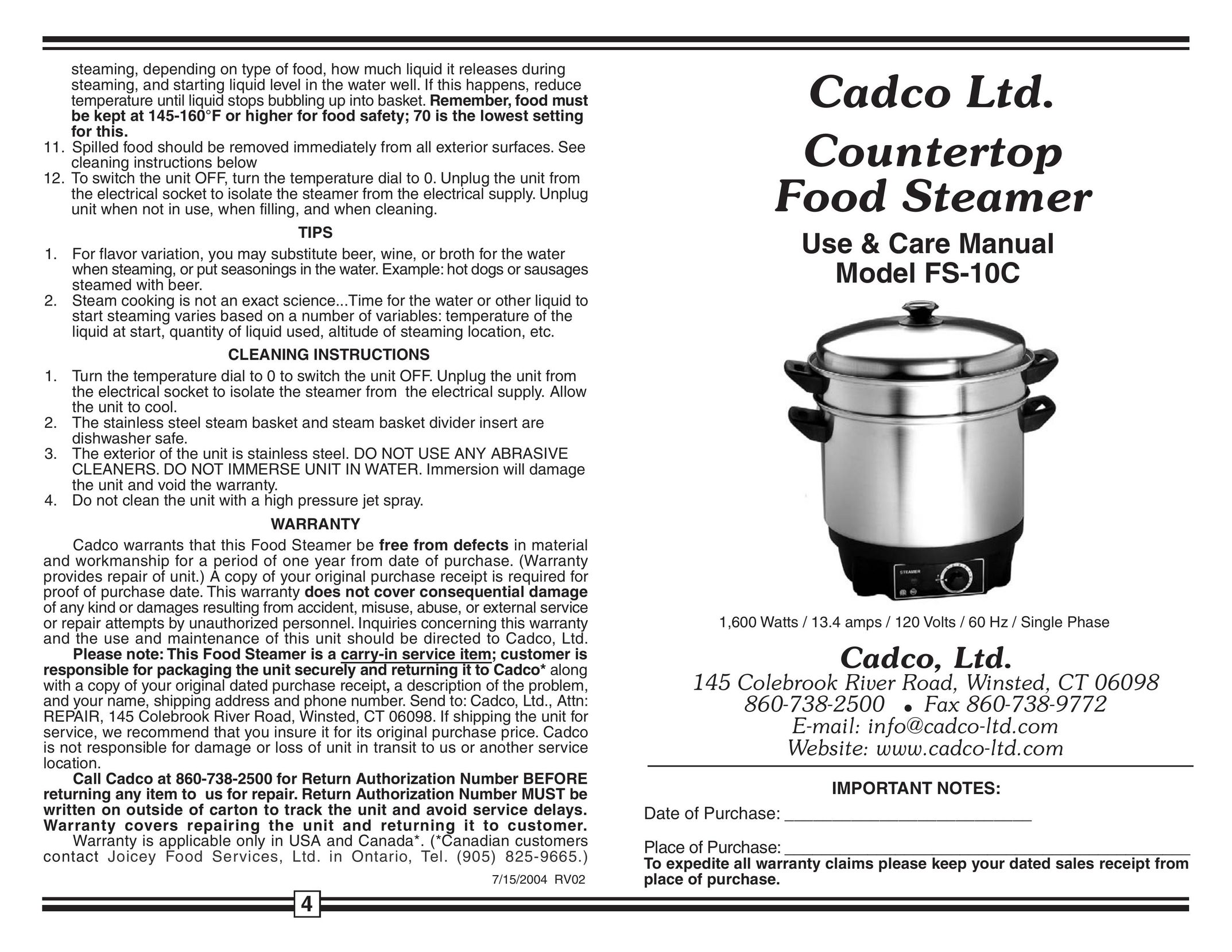Cadco FS-10C Electric Steamer User Manual