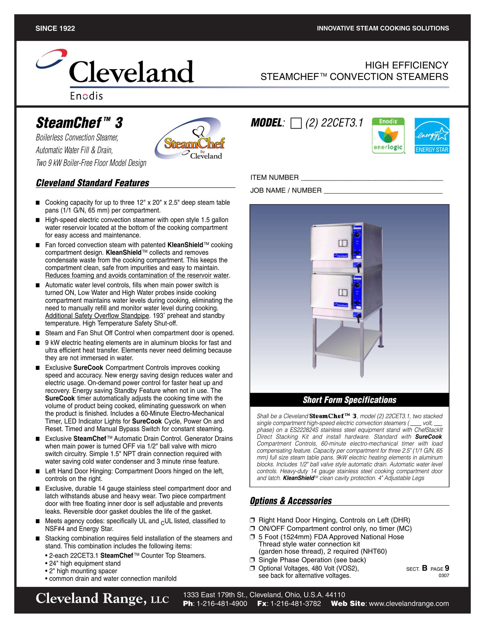 Cleveland Range 22CET3.1 Electric Steamer User Manual