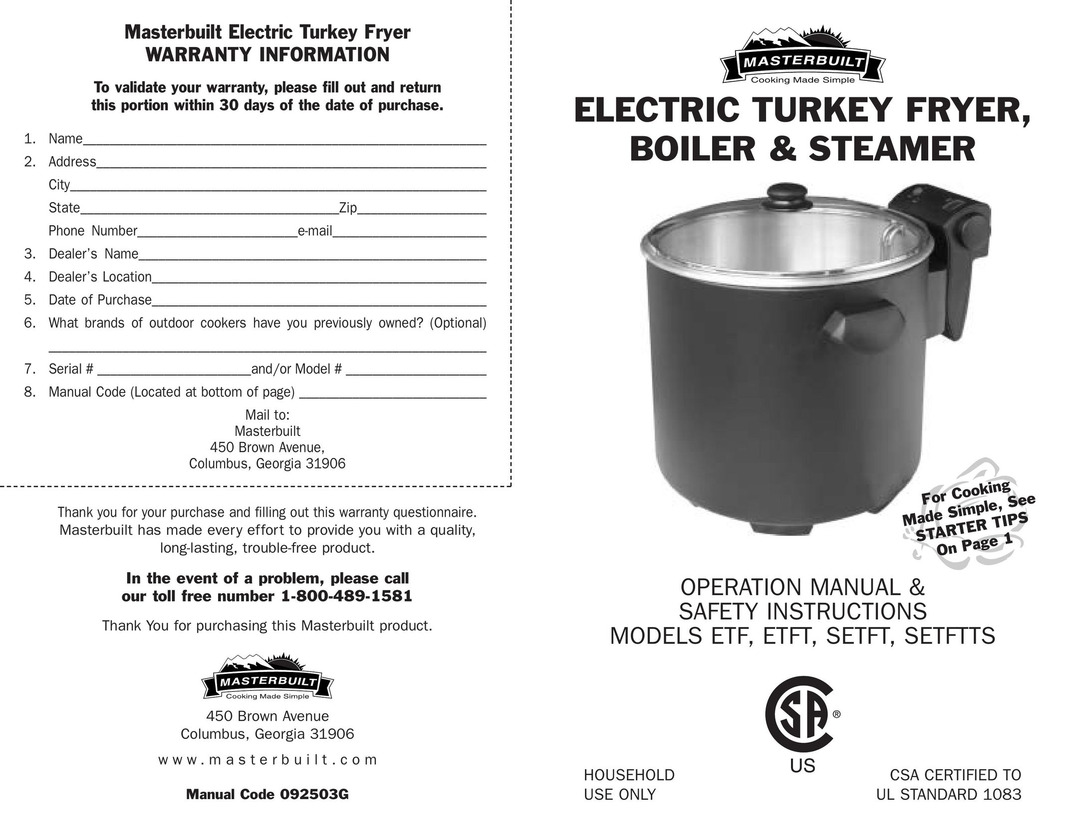 Masterbuilt 20010306 Electric Steamer User Manual