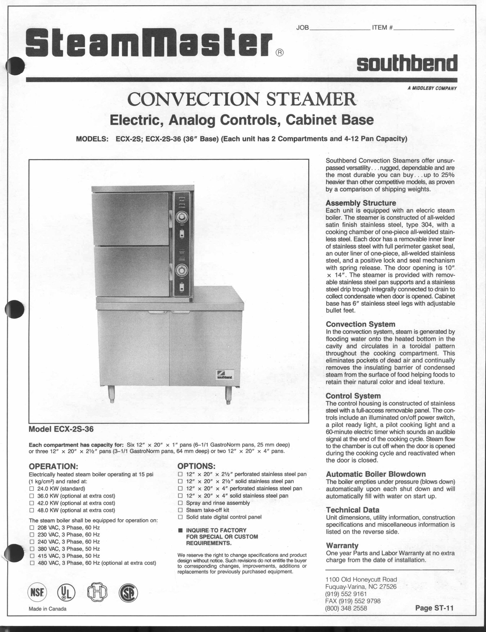 Southbend ECX-2S-36 Electric Steamer User Manual