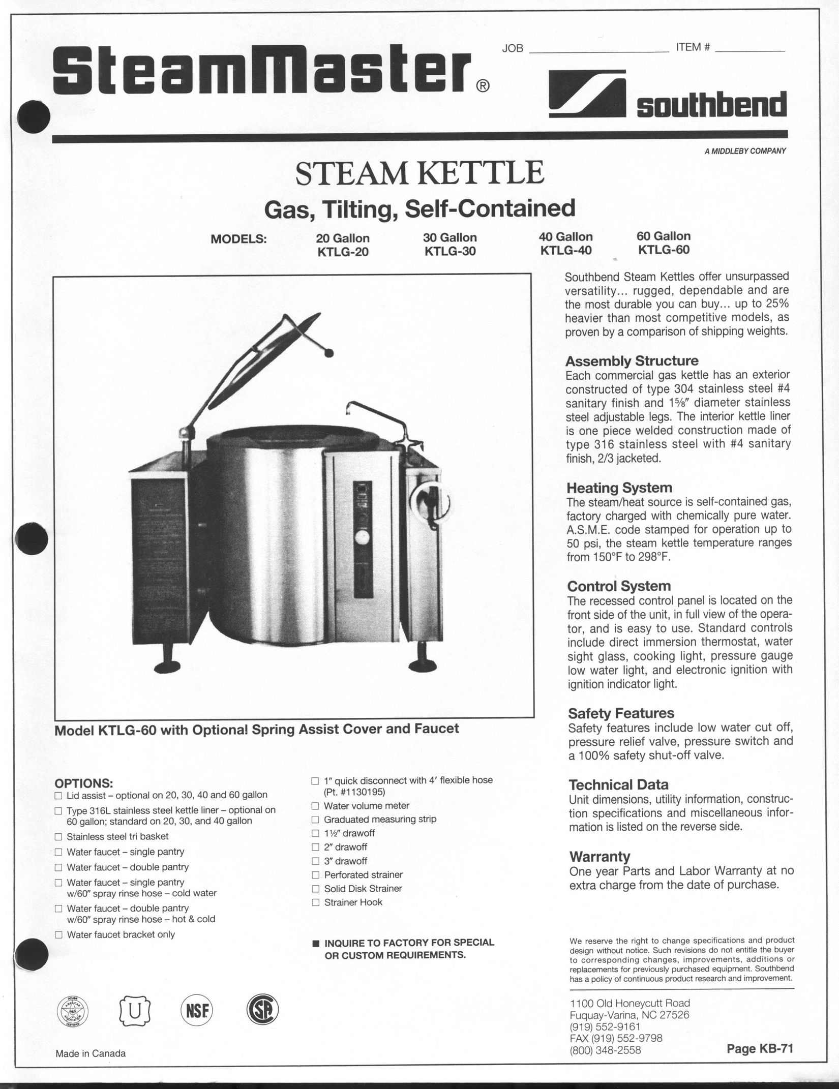 Southbend KTLG-30 Electric Steamer User Manual