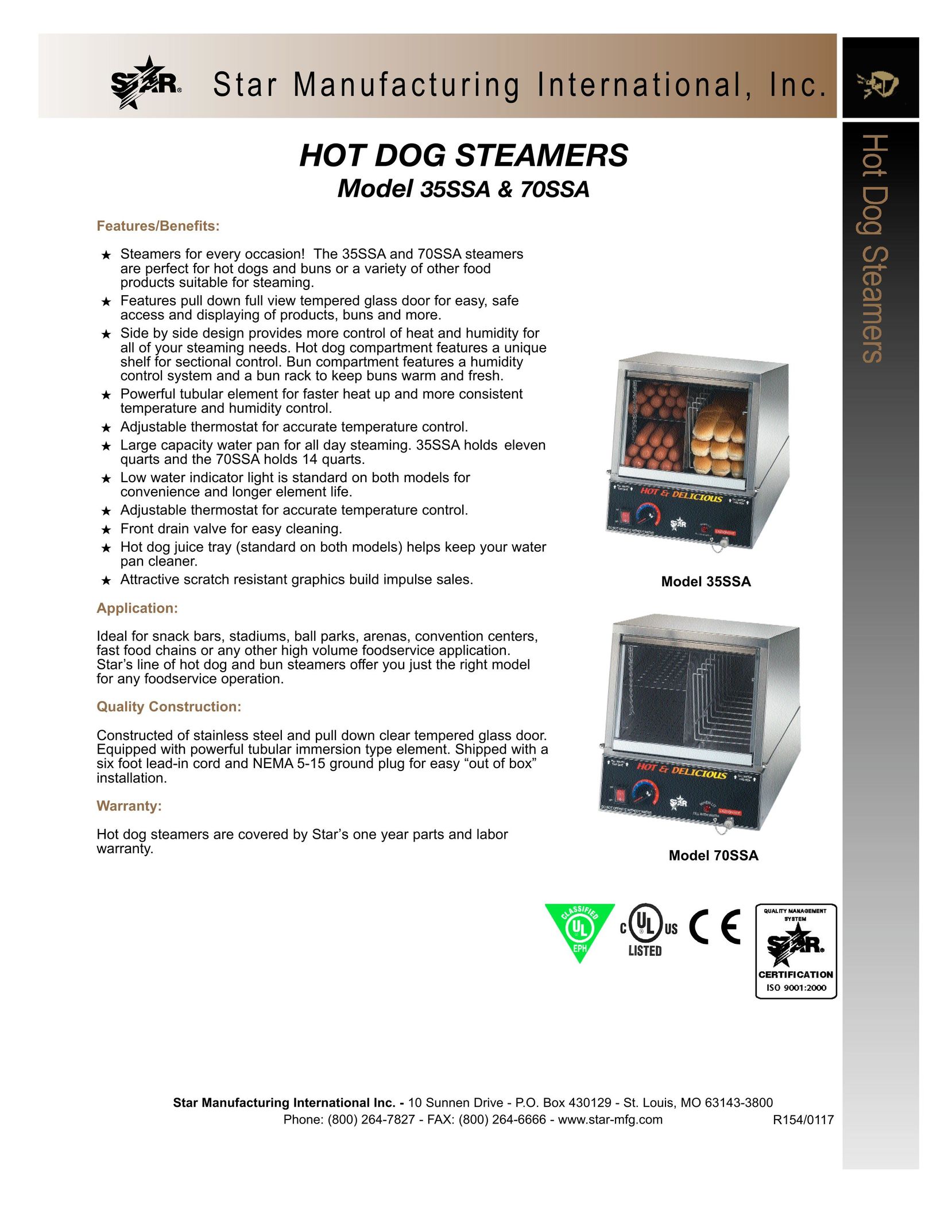 Star Manufacturing 70SSA Electric Steamer User Manual