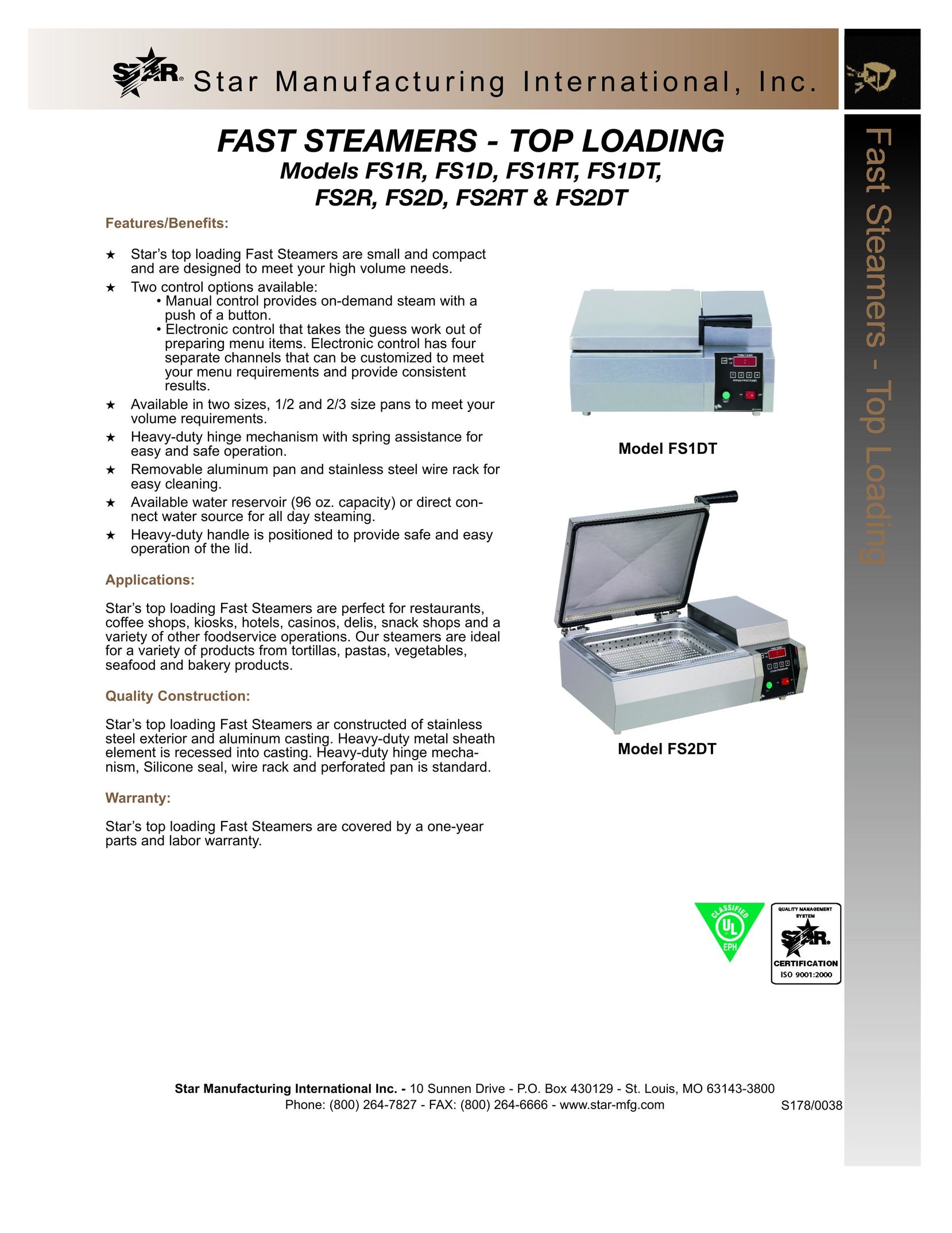 Star Manufacturing FS2DT Electric Steamer User Manual