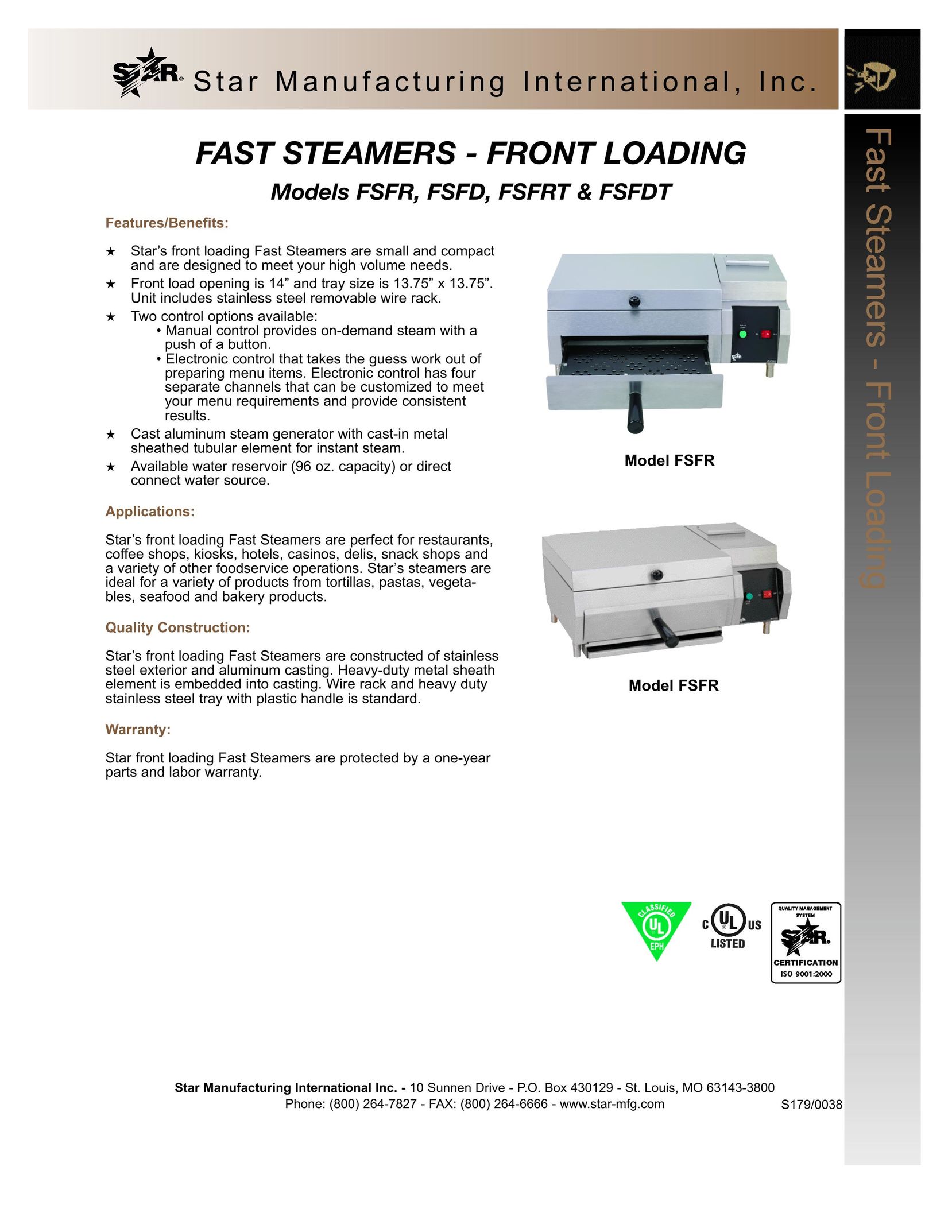 Star Manufacturing FSFR Electric Steamer User Manual