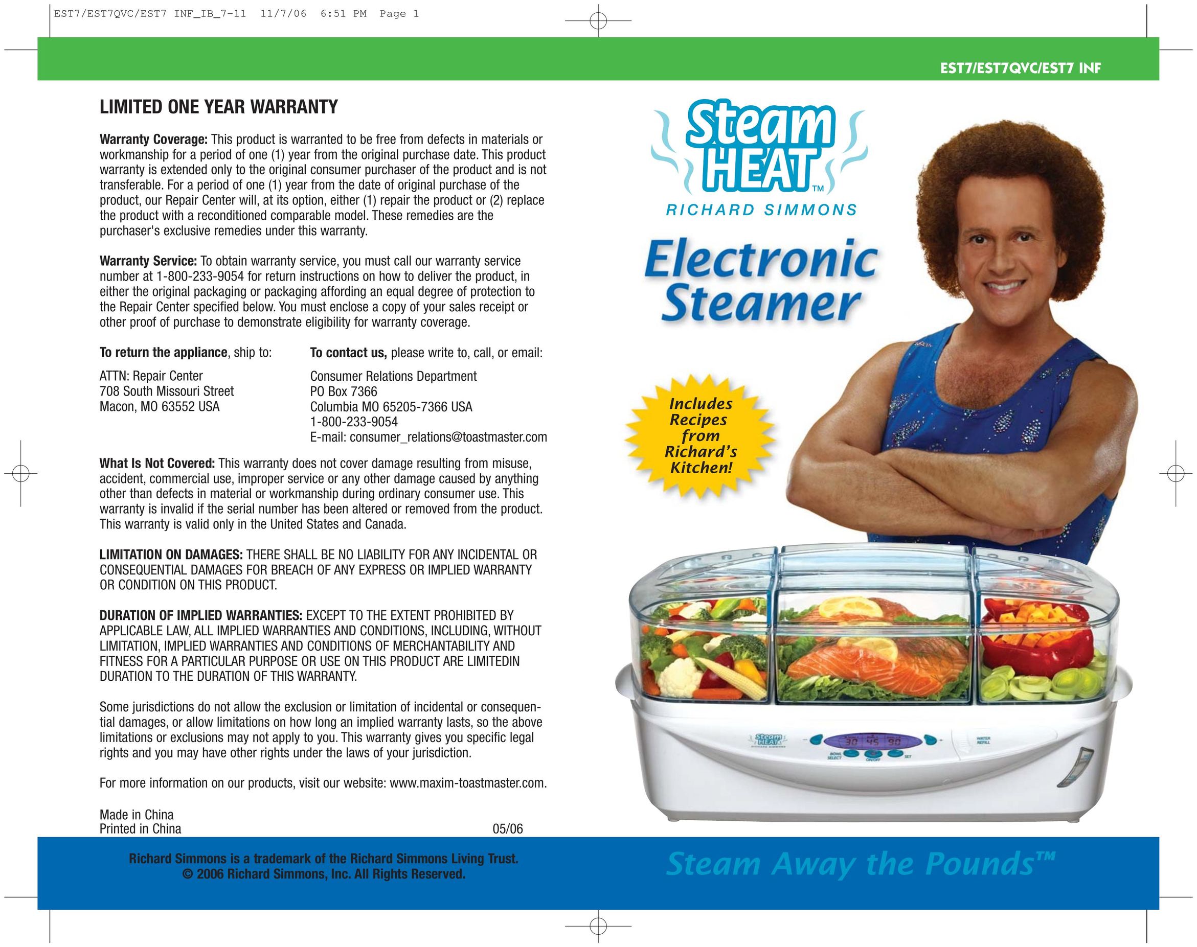 Toastmaster EST7 Electric Steamer User Manual