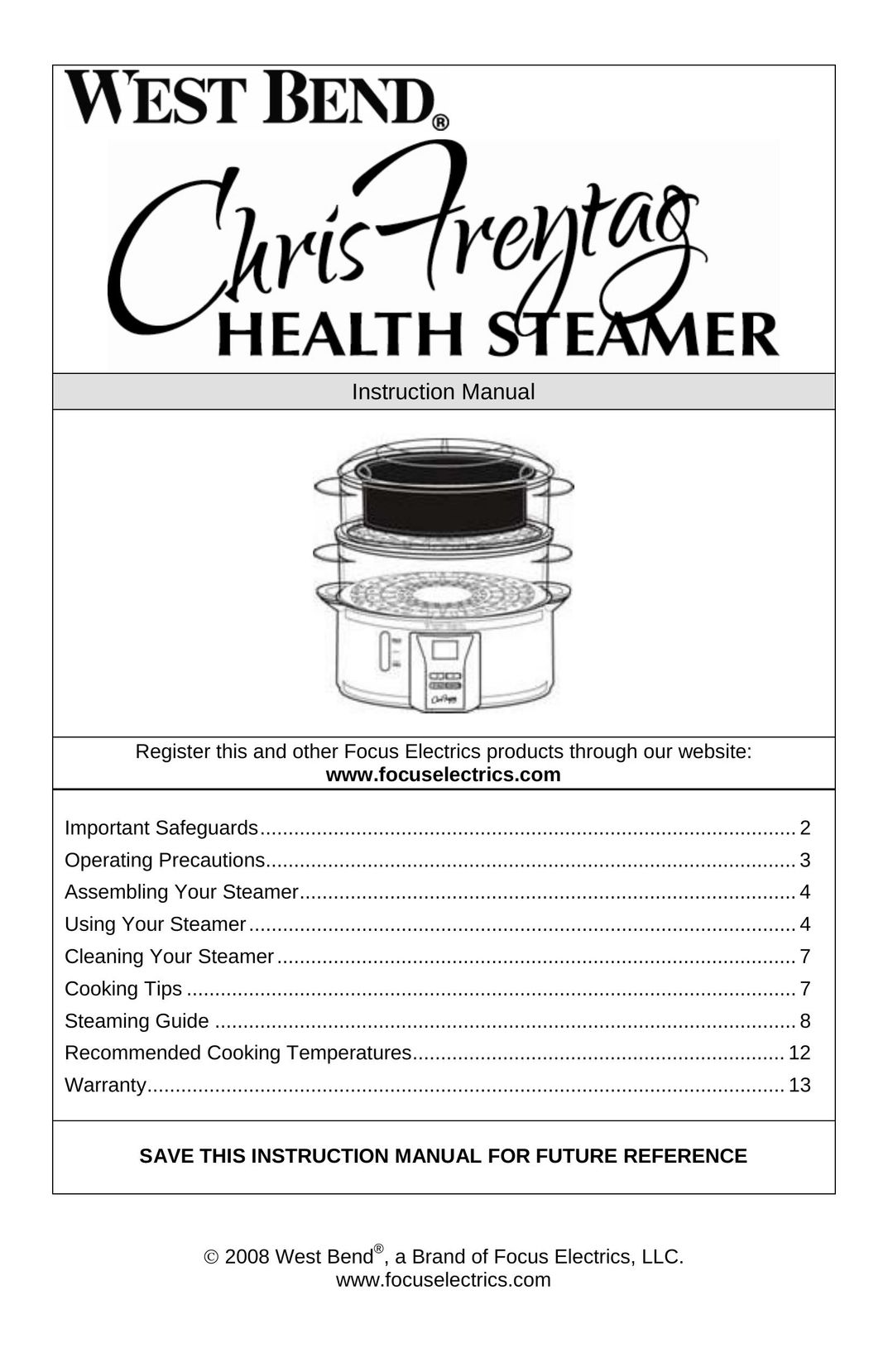 West Bend 86604CF Electric Steamer User Manual