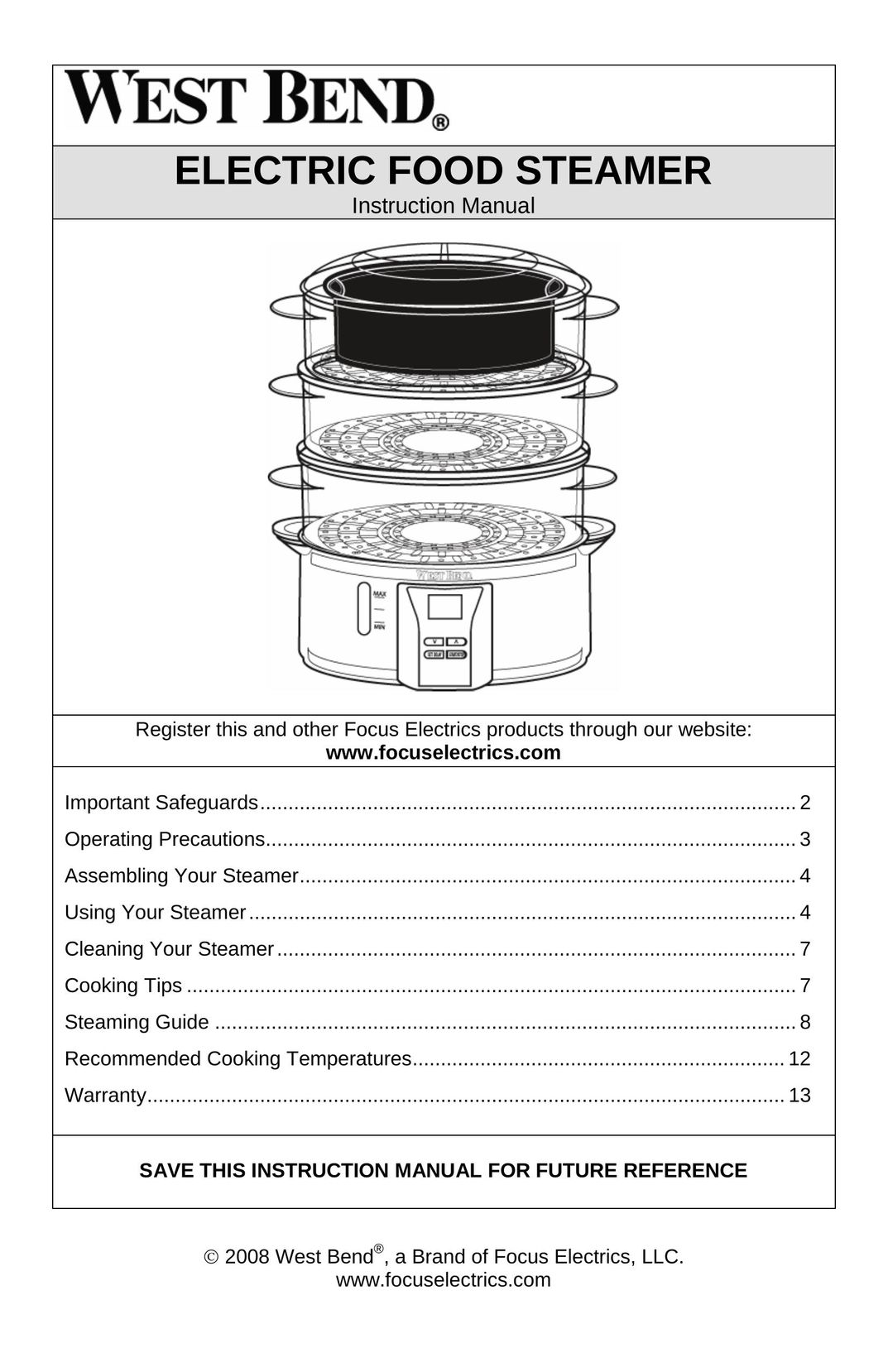 West Bend L5674B Electric Steamer User Manual