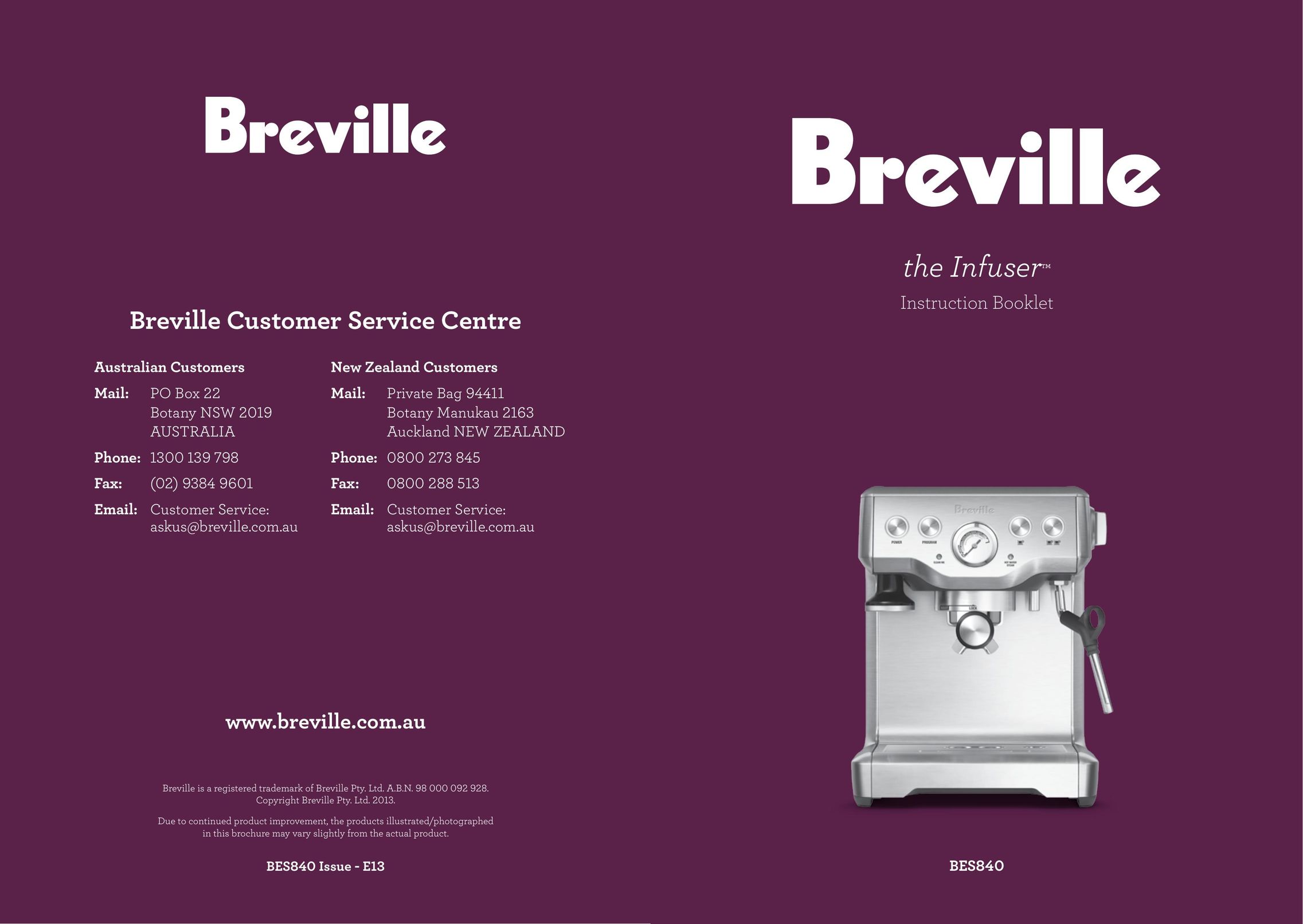 Breville BES840 Espresso Maker User Manual