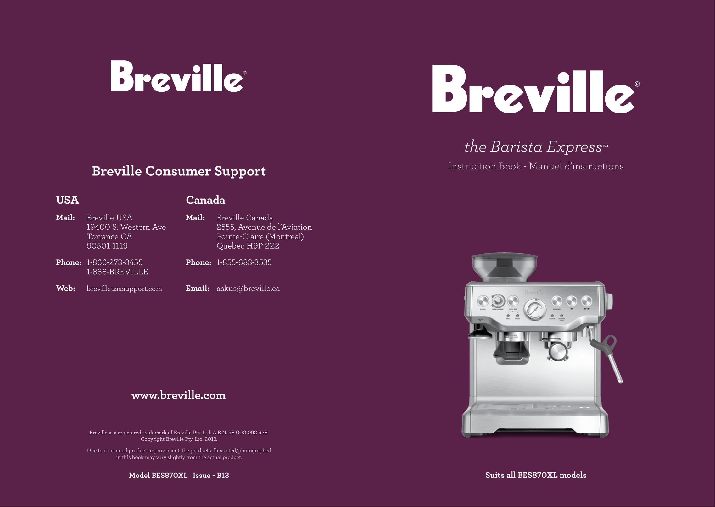 Breville BES870CBXL Espresso Maker User Manual