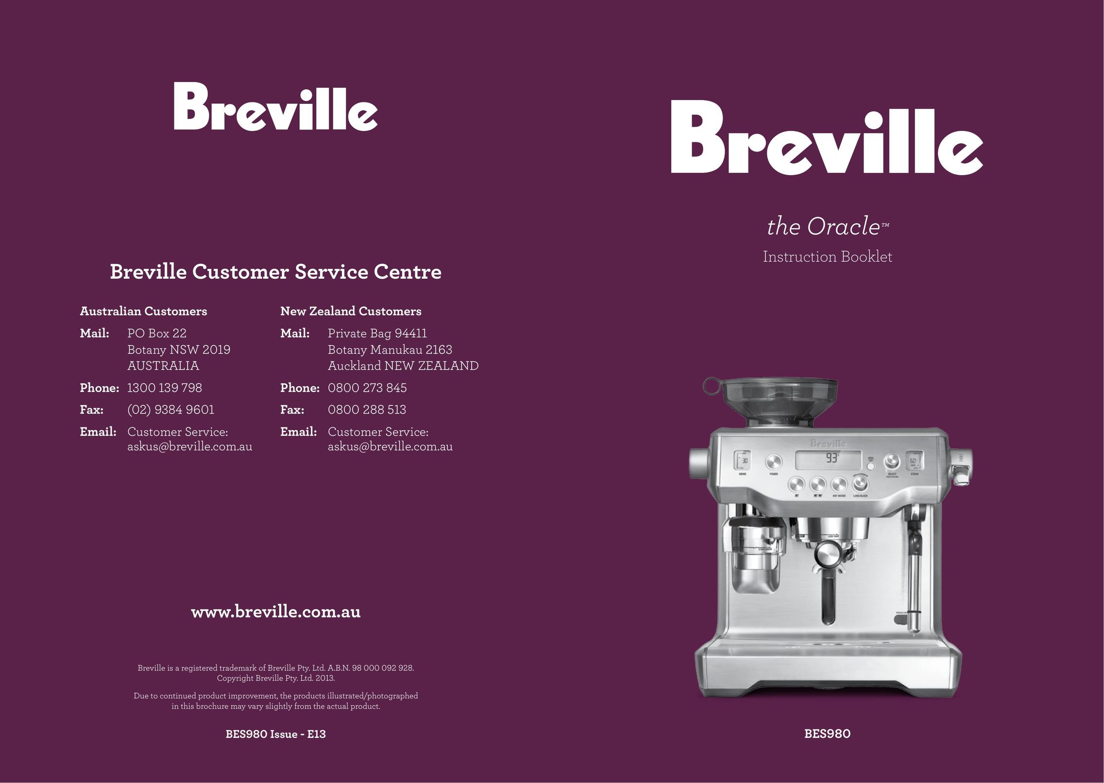 Breville BES980 Espresso Maker User Manual