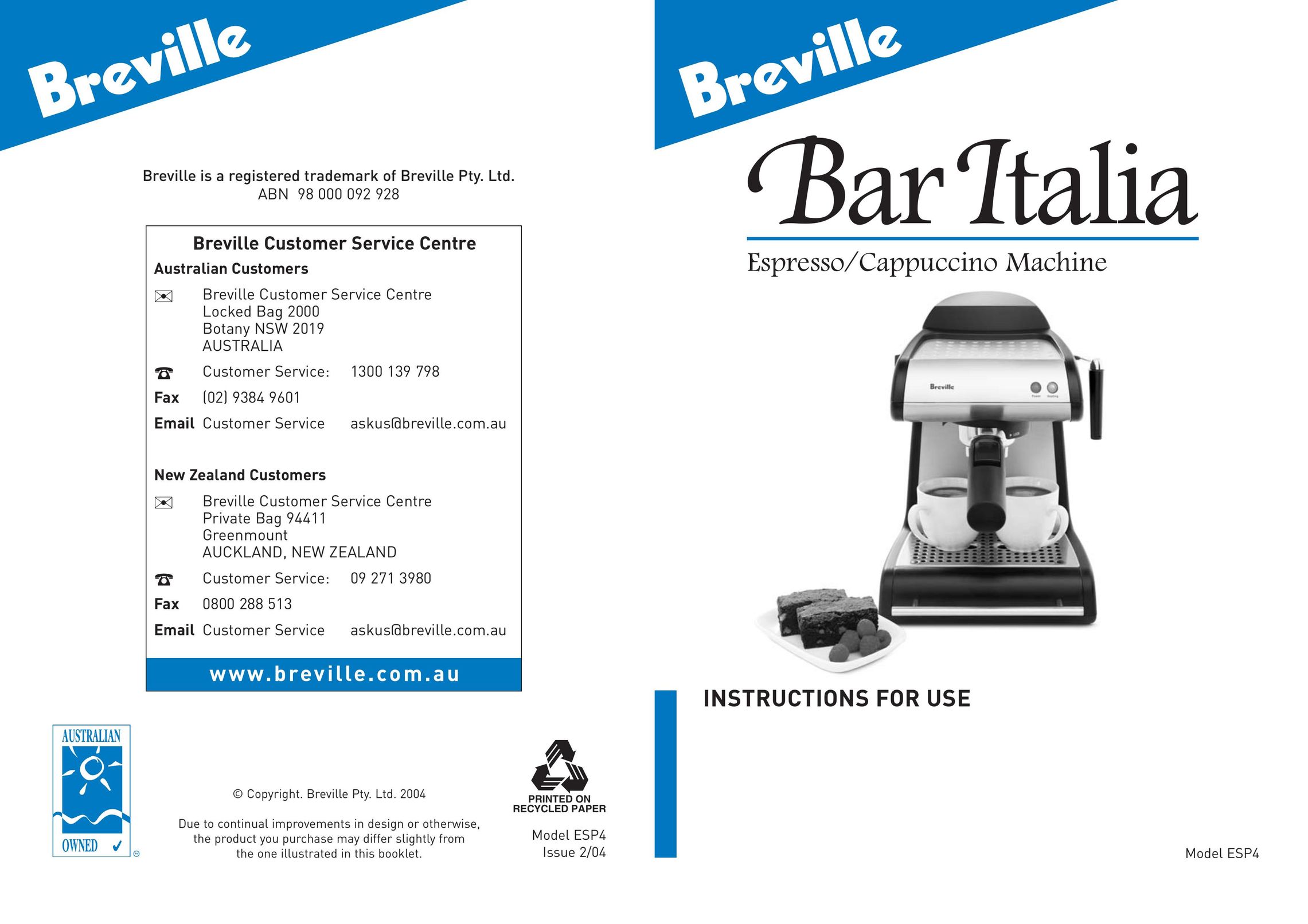 Breville ESP4 Espresso Maker User Manual