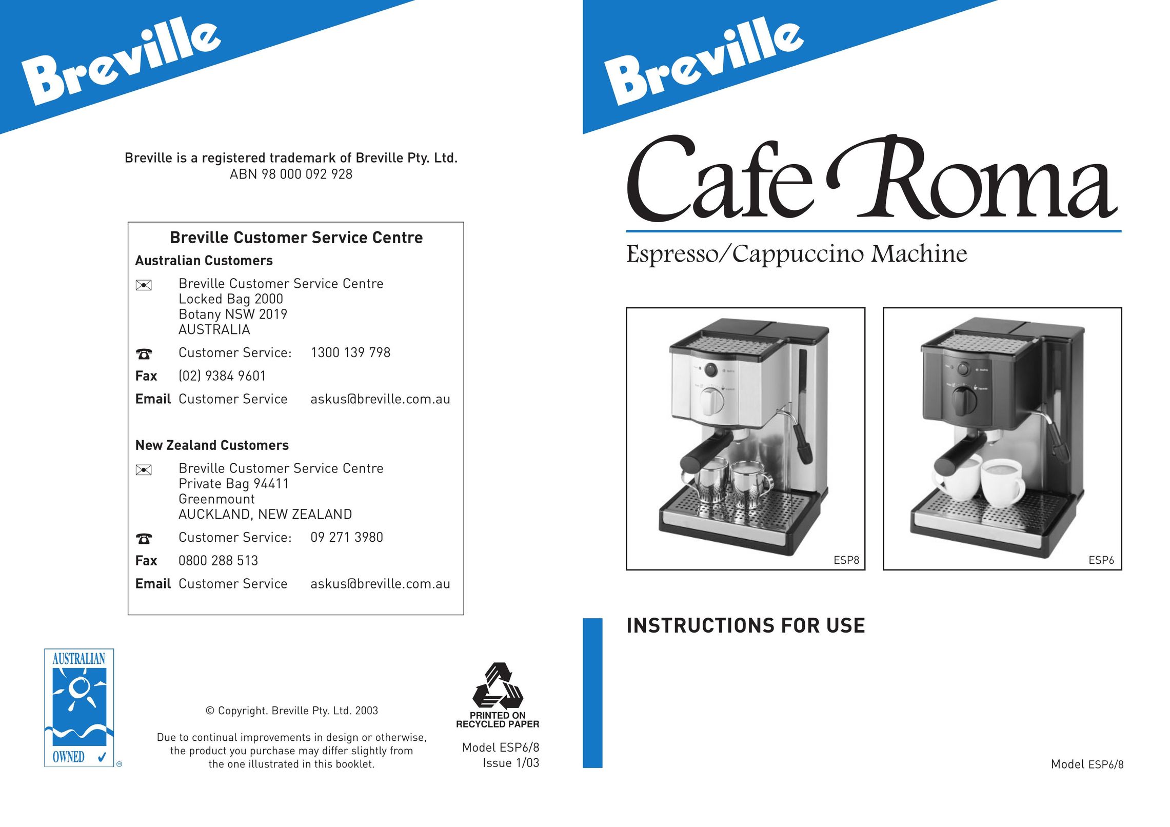 Breville ESP6/8 Espresso Maker User Manual