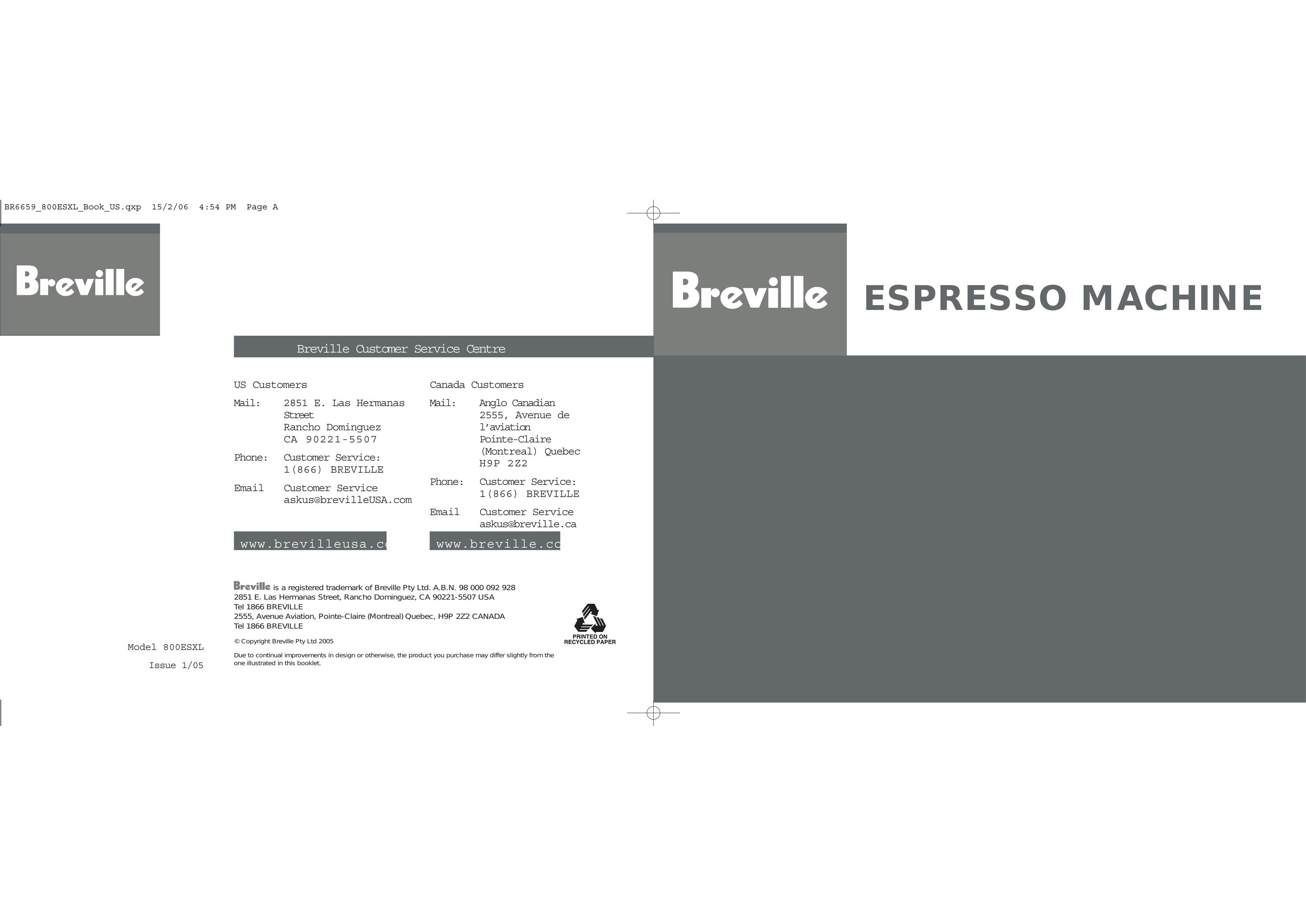 Breville ESPRESSO MACHINE Espresso Maker User Manual