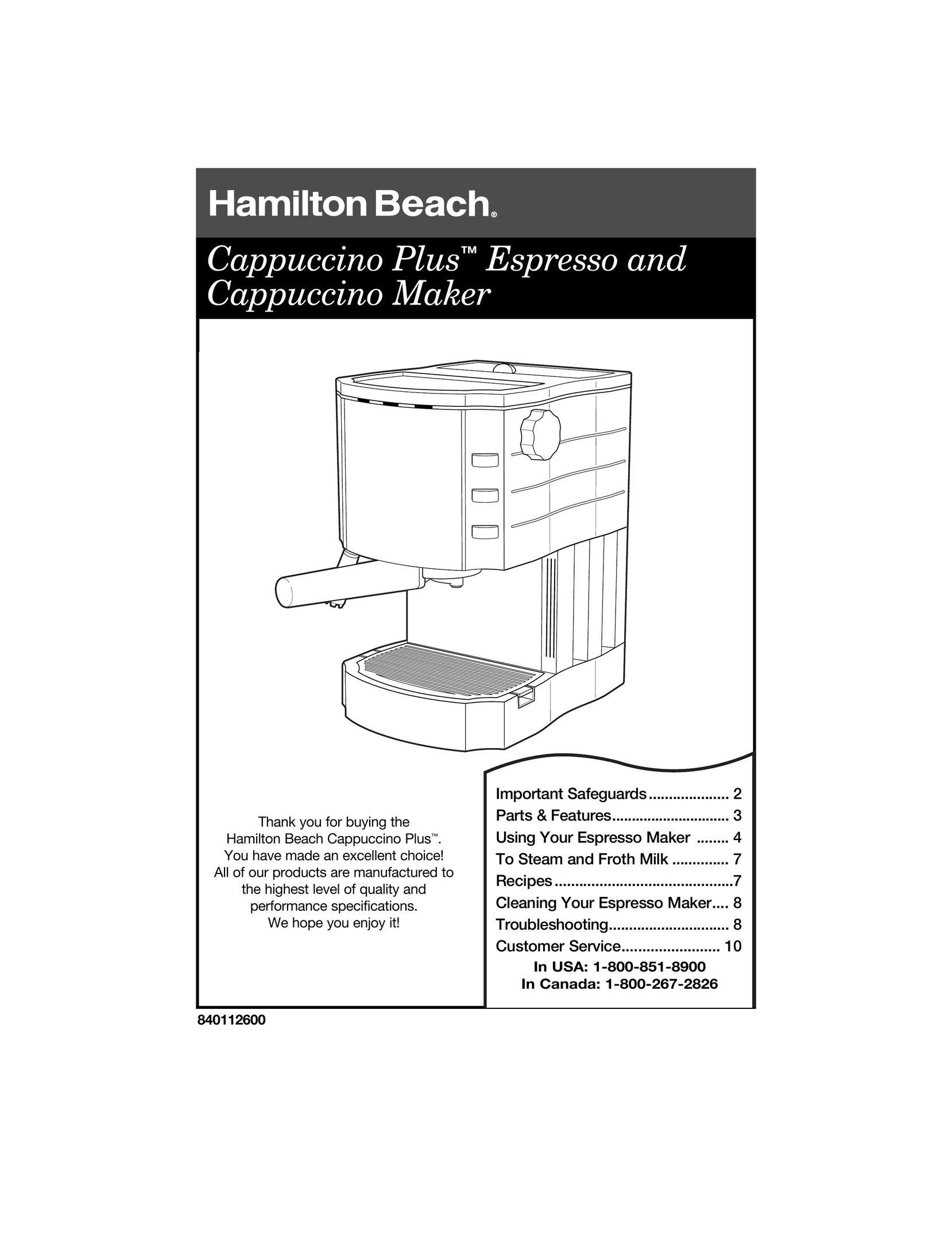 Hamilton Beach Cappuccino Plus Espresso Maker User Manual