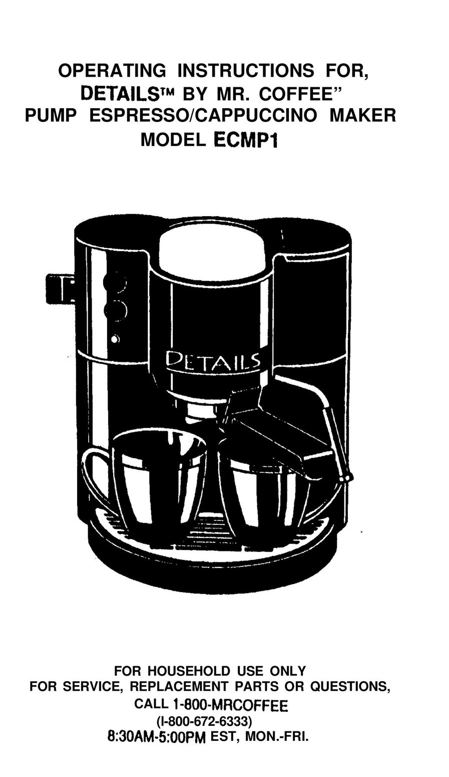 Mr. Coffee ECMPl Espresso Maker User Manual