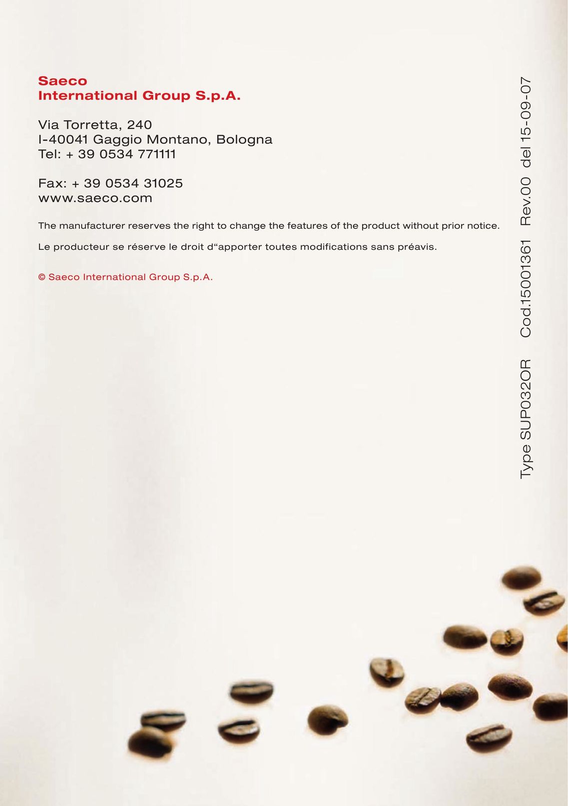 Saeco Coffee Makers SUP032OR Espresso Maker User Manual