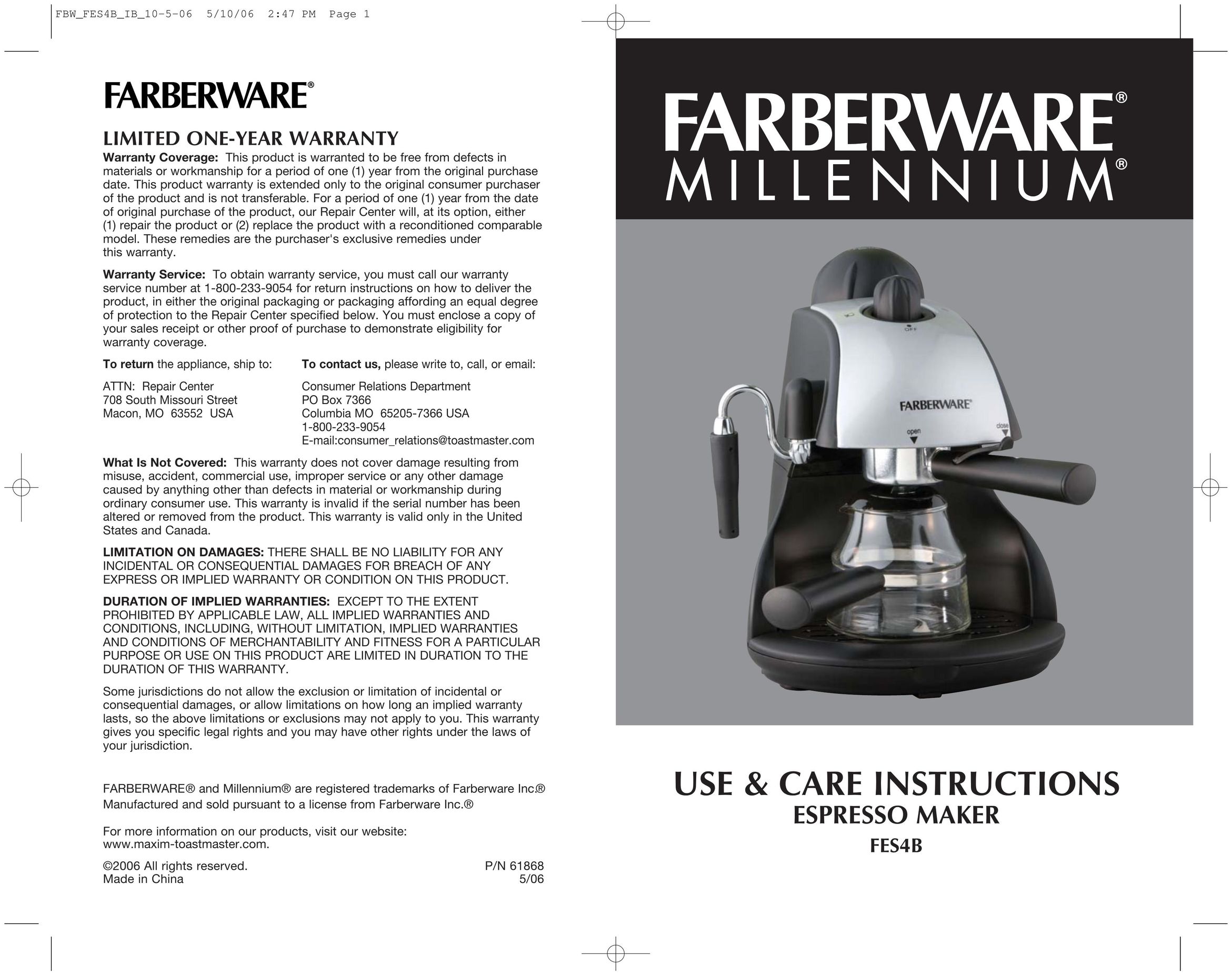 Toastmaster FES4B Espresso Maker User Manual