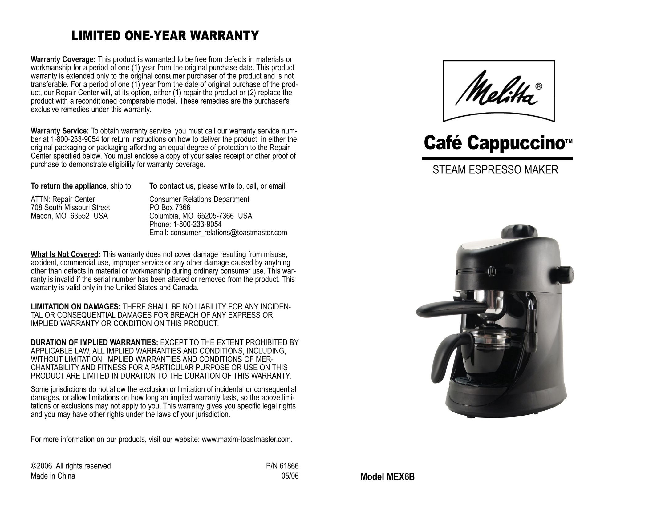 Toastmaster MEX6B Espresso Maker User Manual