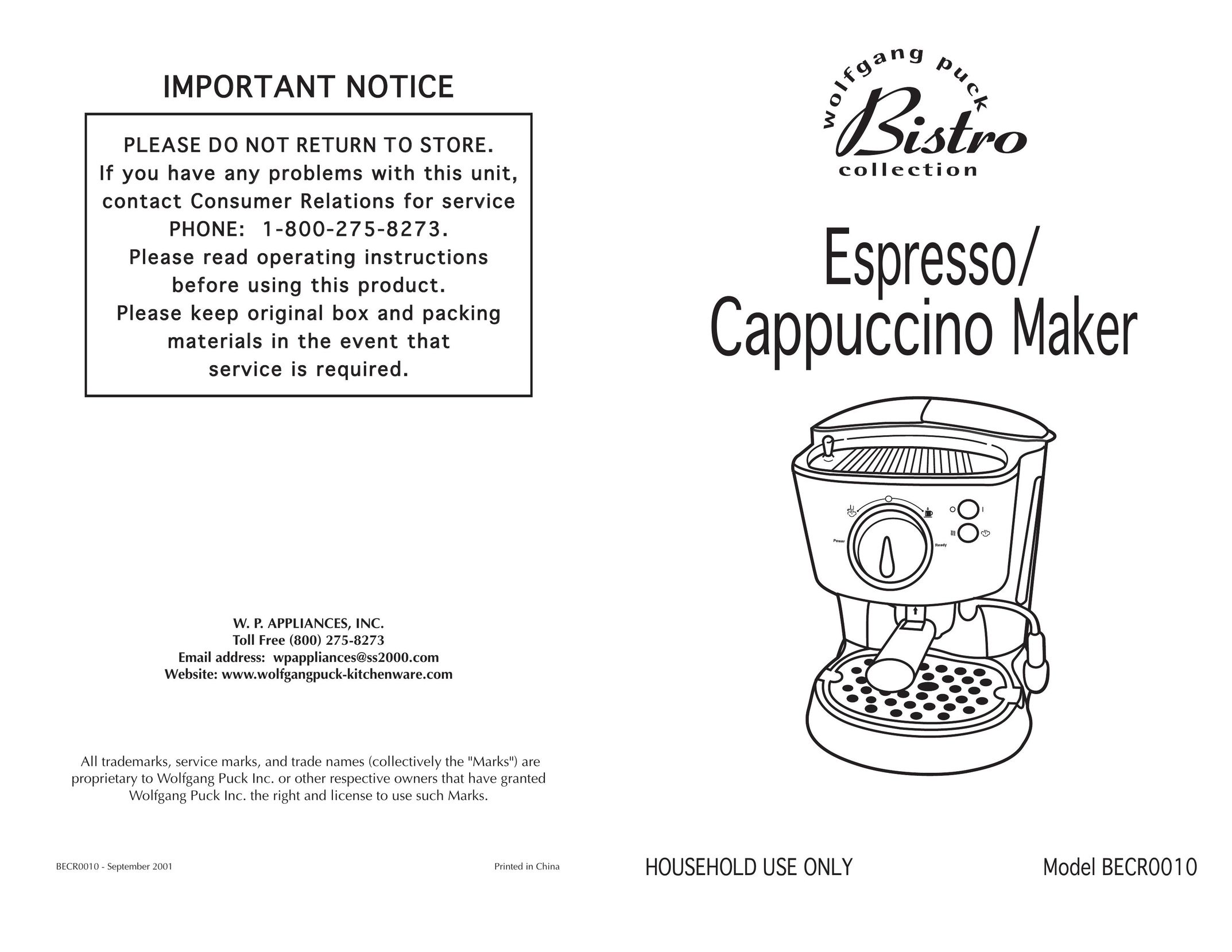 Wolfgang Puck BECR0010 Espresso Maker User Manual