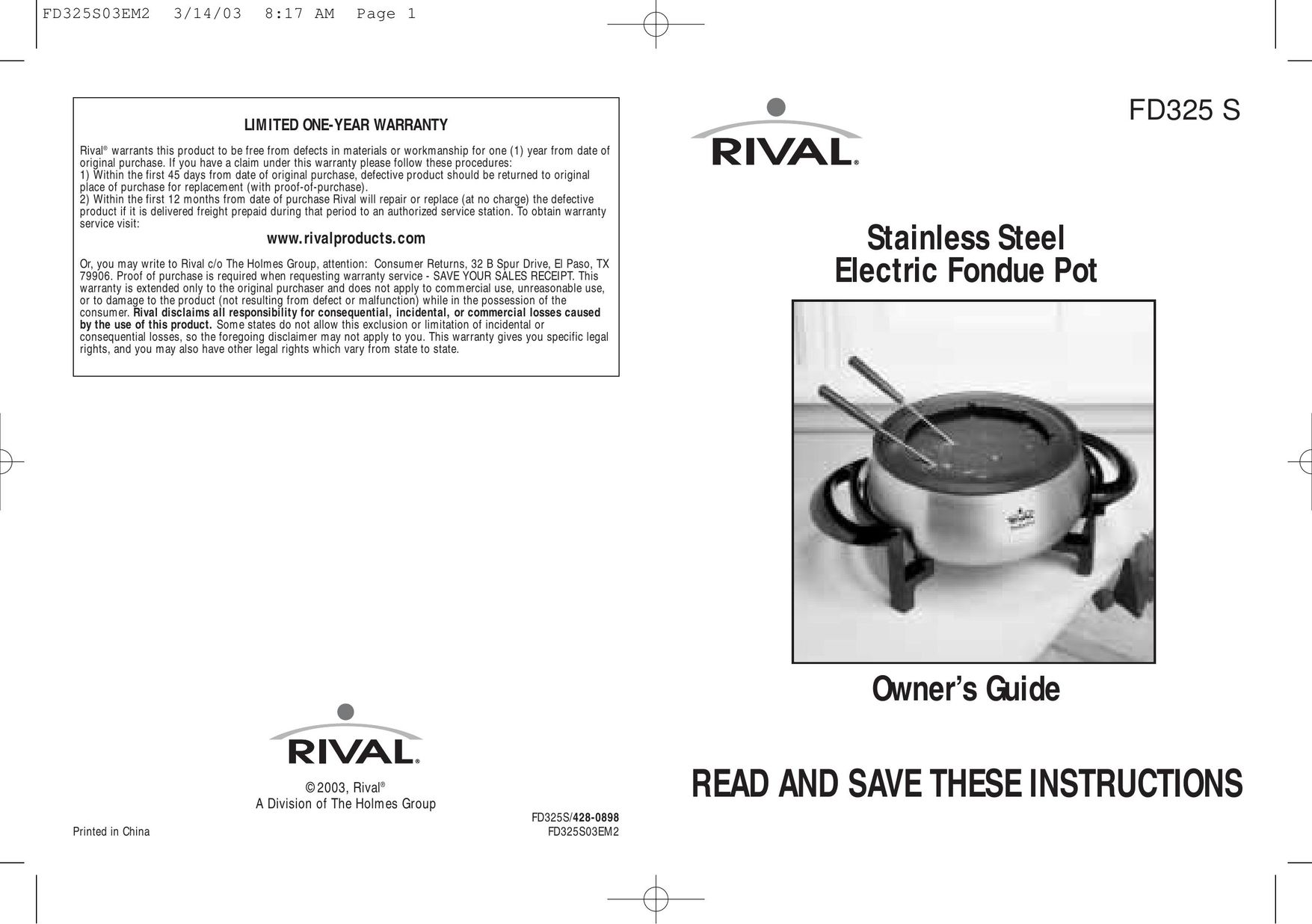 Rival FD325 S Fondue Maker User Manual