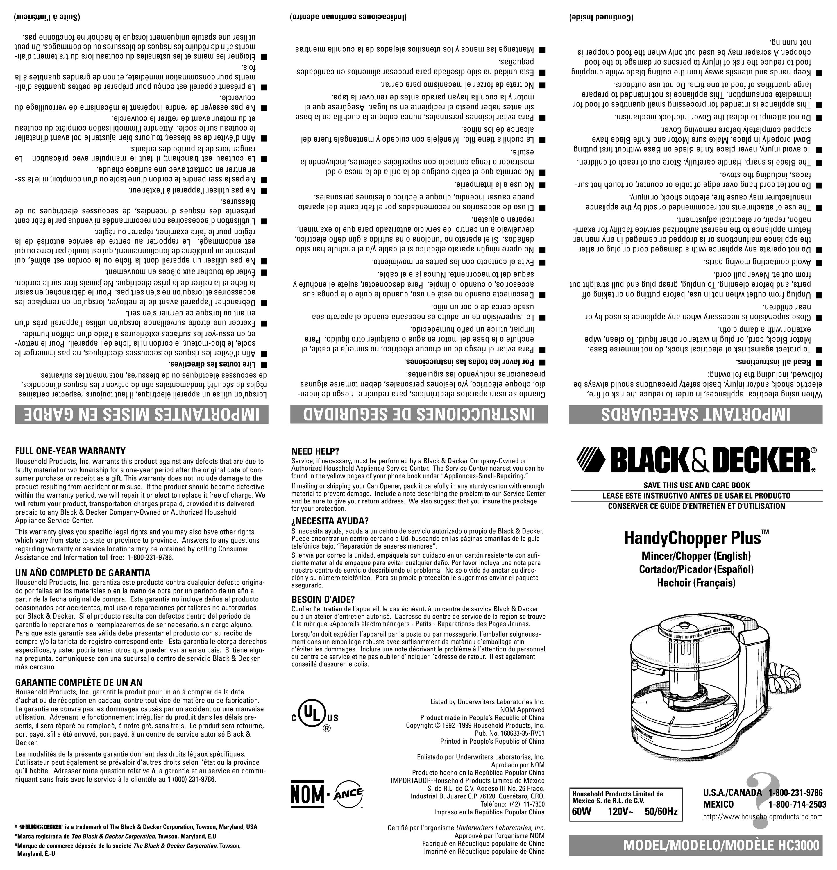 Black & Decker HC3000 Food Processor User Manual