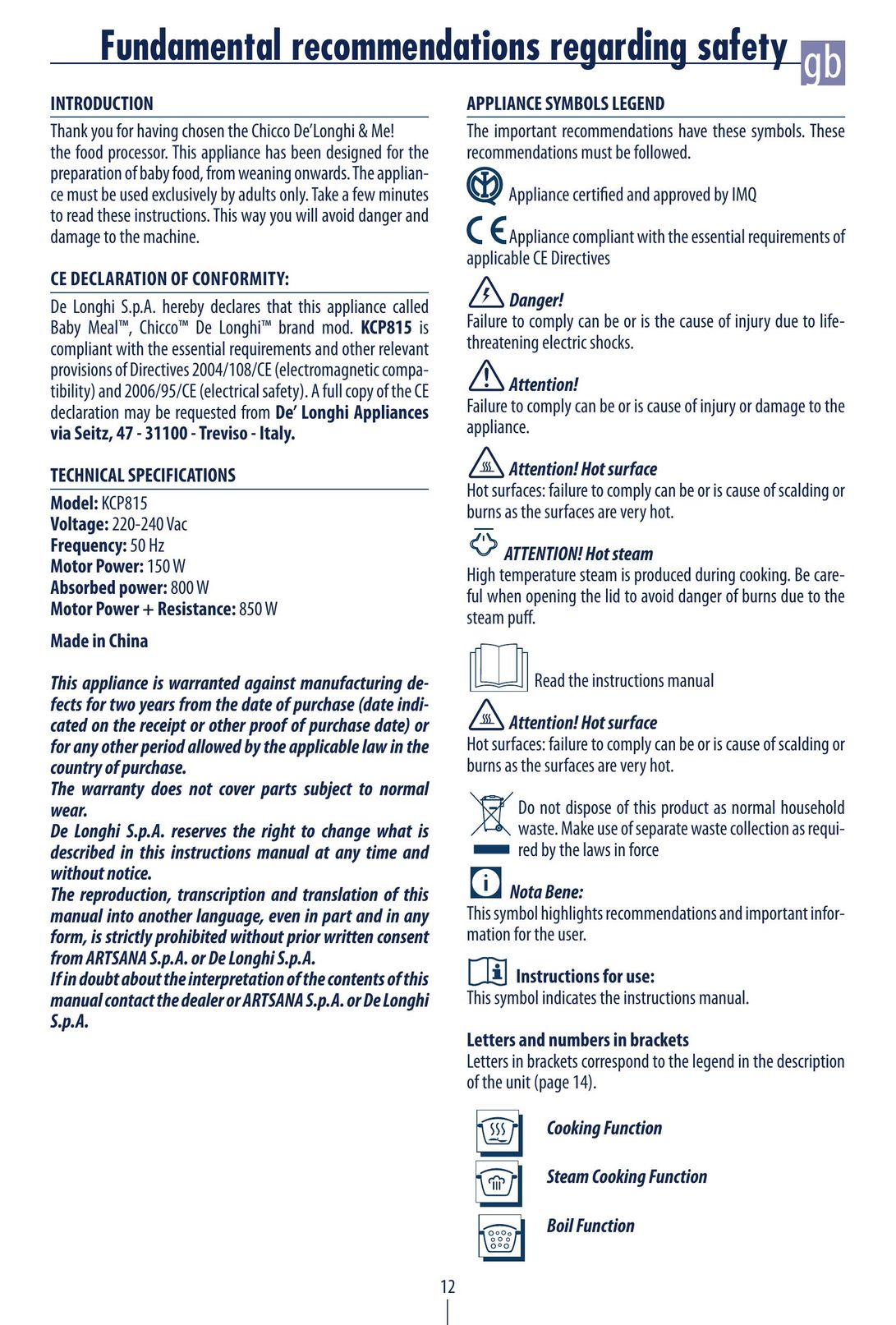 DeLonghi KCP815 Food Processor User Manual