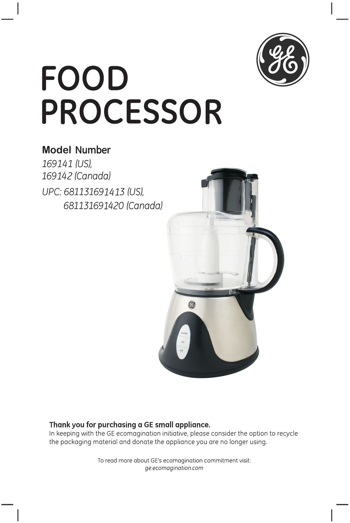 GE 169141 Food Processor User Manual
