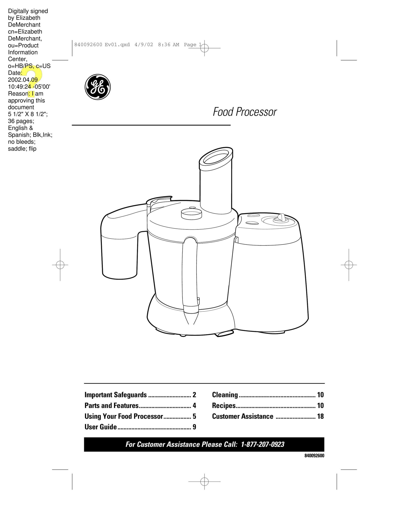 GE 840092600 Food Processor User Manual
